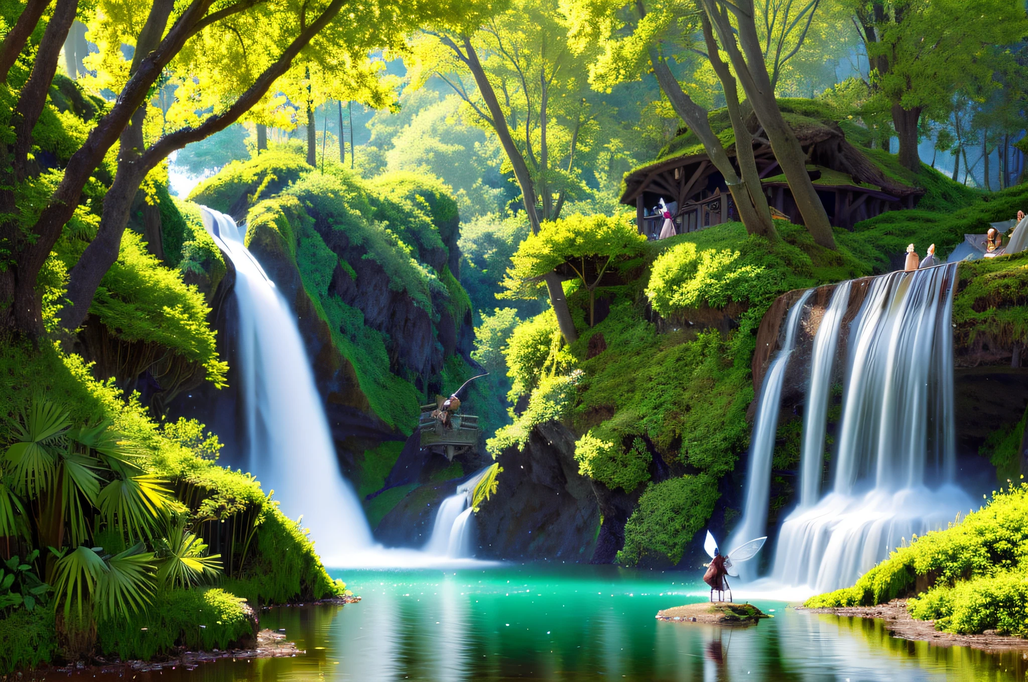 (fairy tale world), castles, floating island waterfalls, all kinds of magical creatures. Beautiful fairies, knights, elves, dwarfs. Mysterious forests, enchanted castles, fabulous kingdoms. Realism, chiaroscuro, cinematic lighting, 135mm, panorama, best quality, high details, UHD, masterpiece
