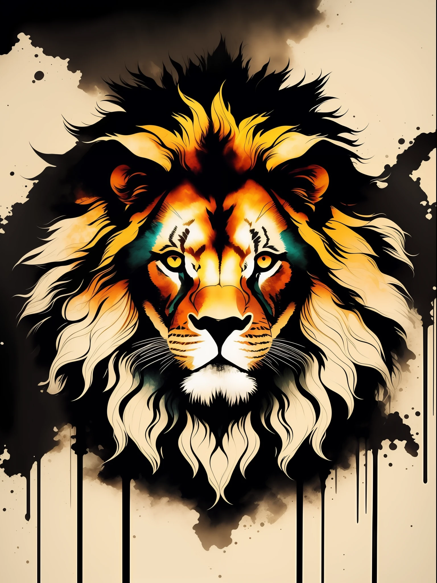 Lion of Judah, arte da camiseta, 2D, ((fundo preto: 1, 5)), vetor, cores vivas, obra-prima, melhor qualidade, detalhes intrincados, perfect symmetrical face, detalhes realistas, gothic theme, luz de aro, luar, cinematic shading, Greg Rutkowisk