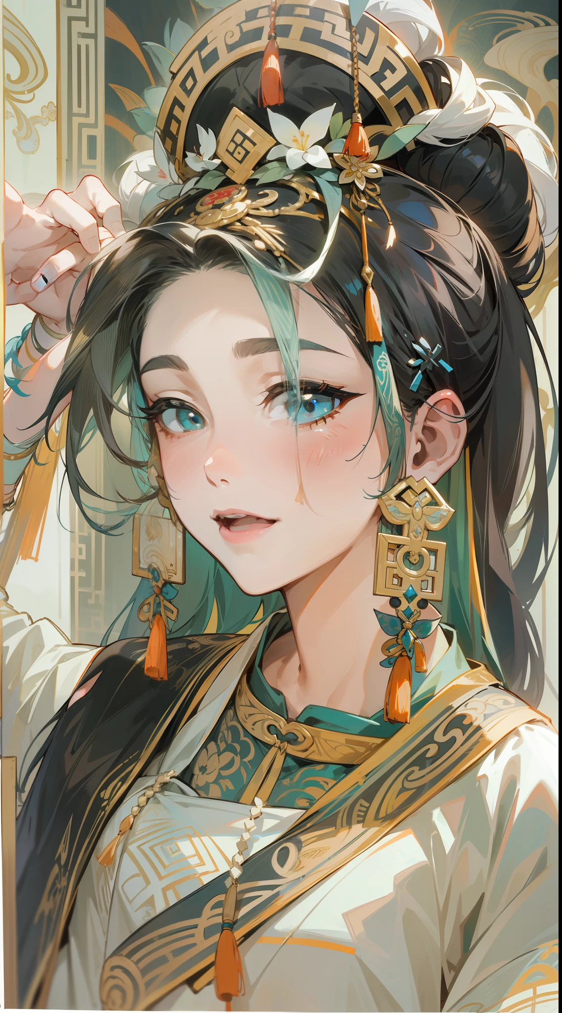 An ancient Chinese beauty,Dance,The ornate costumes are embroidered with intricate embroidery,A long transparent colored streamer is tied around the arm,flowy,Open navel,cropped shoulders,Bare neck,Yingluo,Black coiled hair bun hairpin hairband,The armband is tied with a streamer,Bracelet,Anklets,A metal chain tassel is tied around the waist,Full moon pattern on background(1.2),Mogao Cave Art,Inspiration for the Dunhuang flying mural,water ink,exquisit facial detail,Meticulous facial features,Holding a flower branch in his hand,CGstation is popular --v 6