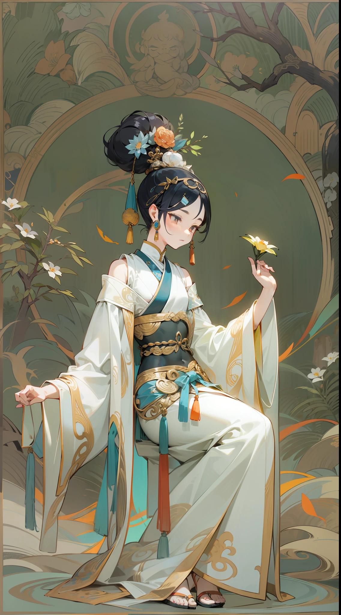 An ancient Chinese beauty,Dance,The ornate costumes are embroidered with intricate embroidery,A long transparent colored streamer is tied around the arm,flowy,Open navel,cropped shoulders,Bare neck,Yingluo,Black coiled hair bun hairpin hairband,The armband is tied with a streamer,Bracelet,Anklets,A metal chain tassel is tied around the waist,Full moon pattern on background(1.2),Mogao Cave Art,Inspiration for the Dunhuang flying mural,water ink,exquisit facial detail,Meticulous facial features,Holding a flower branch in his hand,CGstation is popular --v 6