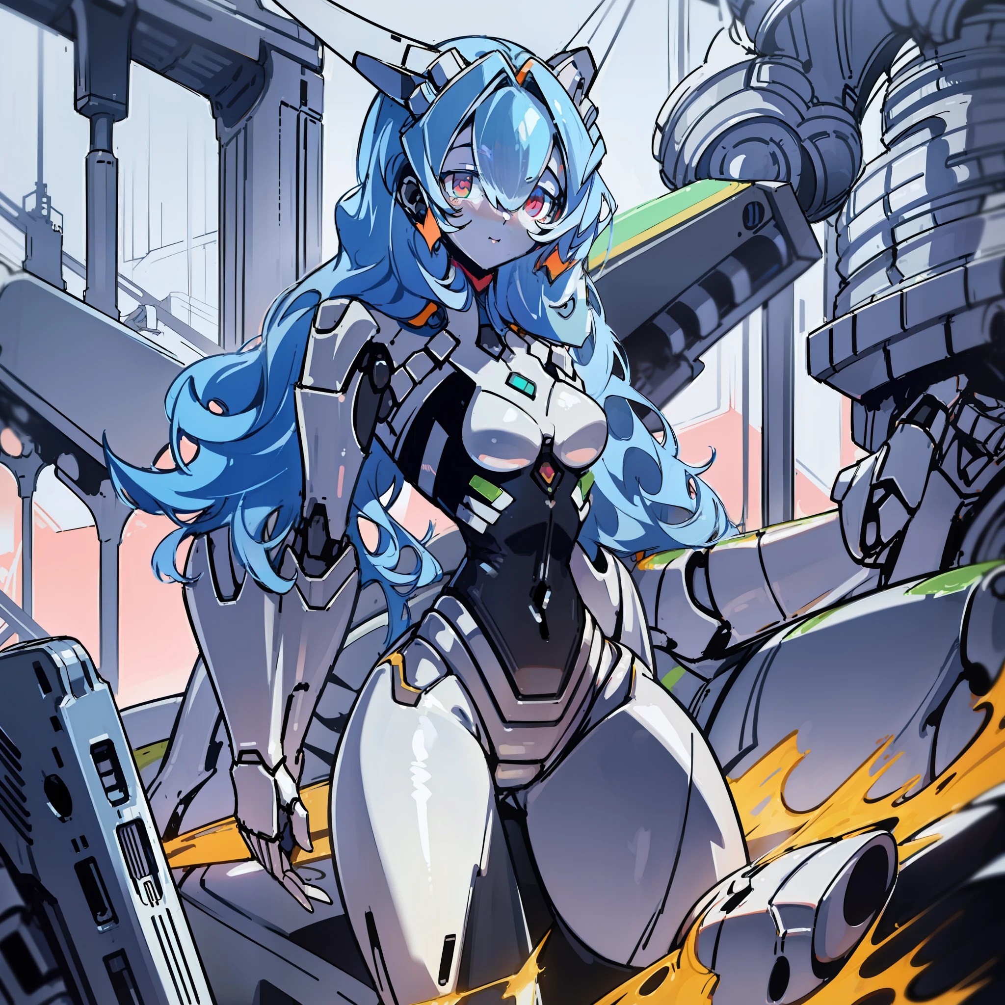 Blue mech girl，Pose in a mechanical scene，Whole body diagram，transparent costume，cat ear， Dear in Franks ,pilotsuit,Tall，cat ear，Gel coat,exquisite warframe fanart, Cat's ear headdress， Biomechanics Oppa，machine girl