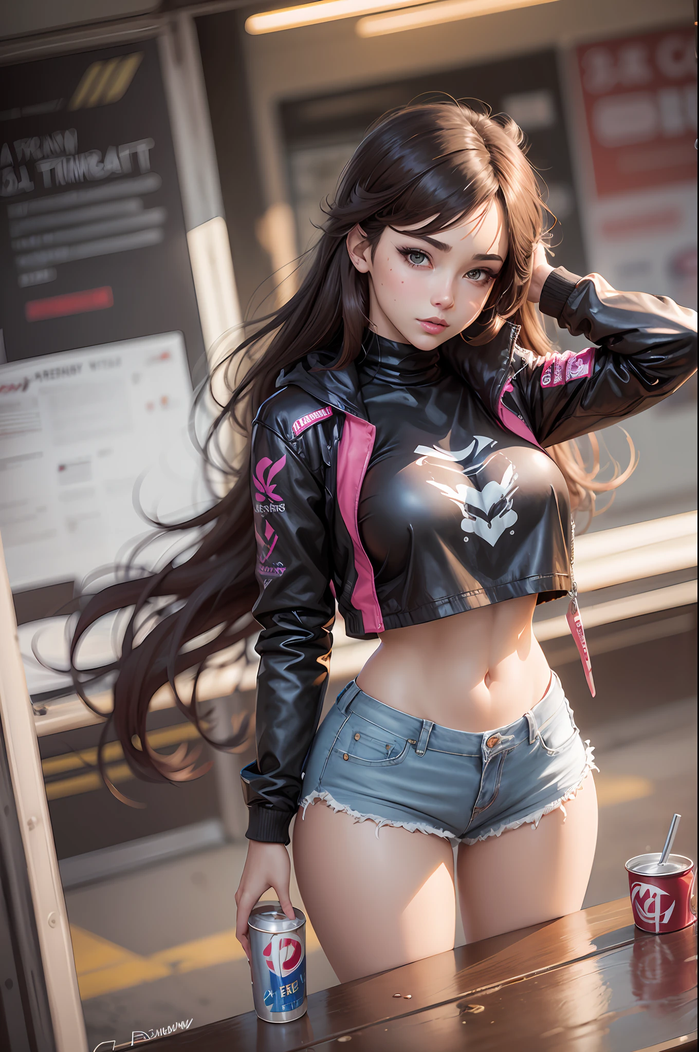 Una mujer con una chaqueta rosa y pantalones amarillos sosteniendo una lata de cerveza, Long brown brown hair, Caramel brown eyes, cuerpo tonificado, pecho mediano, anime girl drinks energy drink, soda themed girl, Tendencias en ArtStation Pixiv, Obras de arte al estilo de Guweiz, seductora chica de anime, Mejor valorado en Pixiv, Anime Waifu, Chica anime, Artgerm extremadamente detallado, Tendencias en CGVatstation, RossDrew Cartoon Vibrante