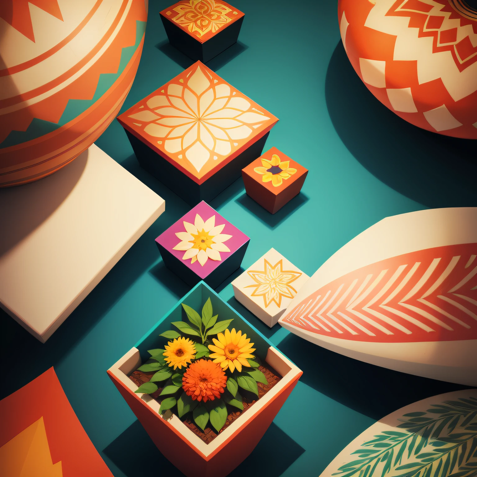 Geometric style abstract painting, pattern, colorful, backgrounds, Texture, potted plant, flowers