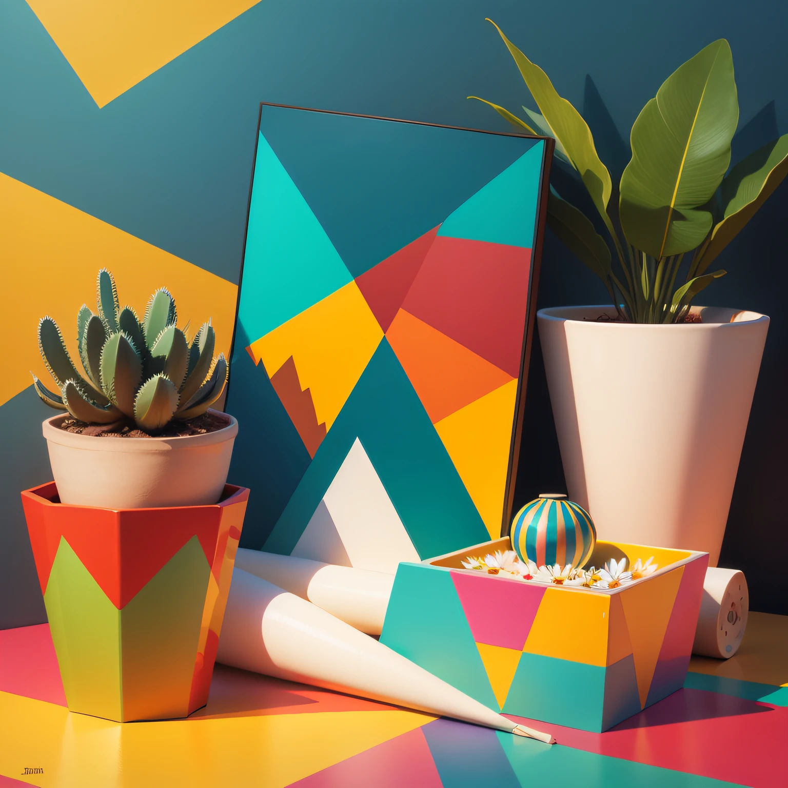 Geometric style abstract painting, pattern, colorful, backgrounds, Texture, potted plant, flowers