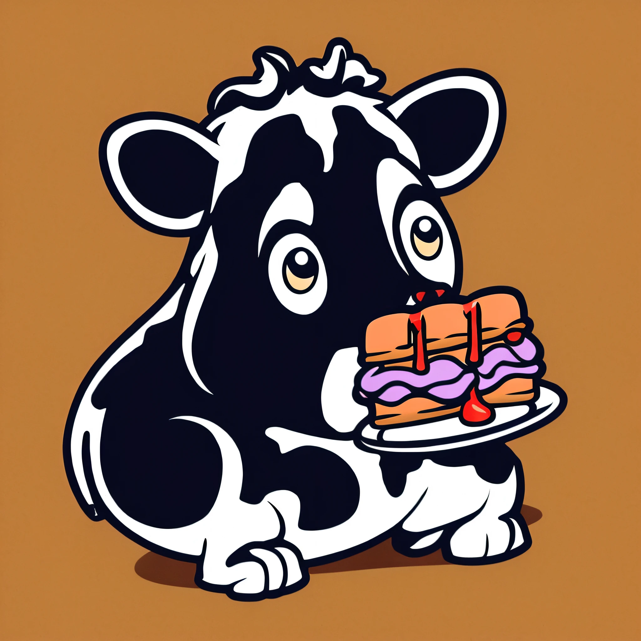 Cute cow eating cake、Whipped cream on the head、cartoon、Illustration of a cow、cheesecake、A logo