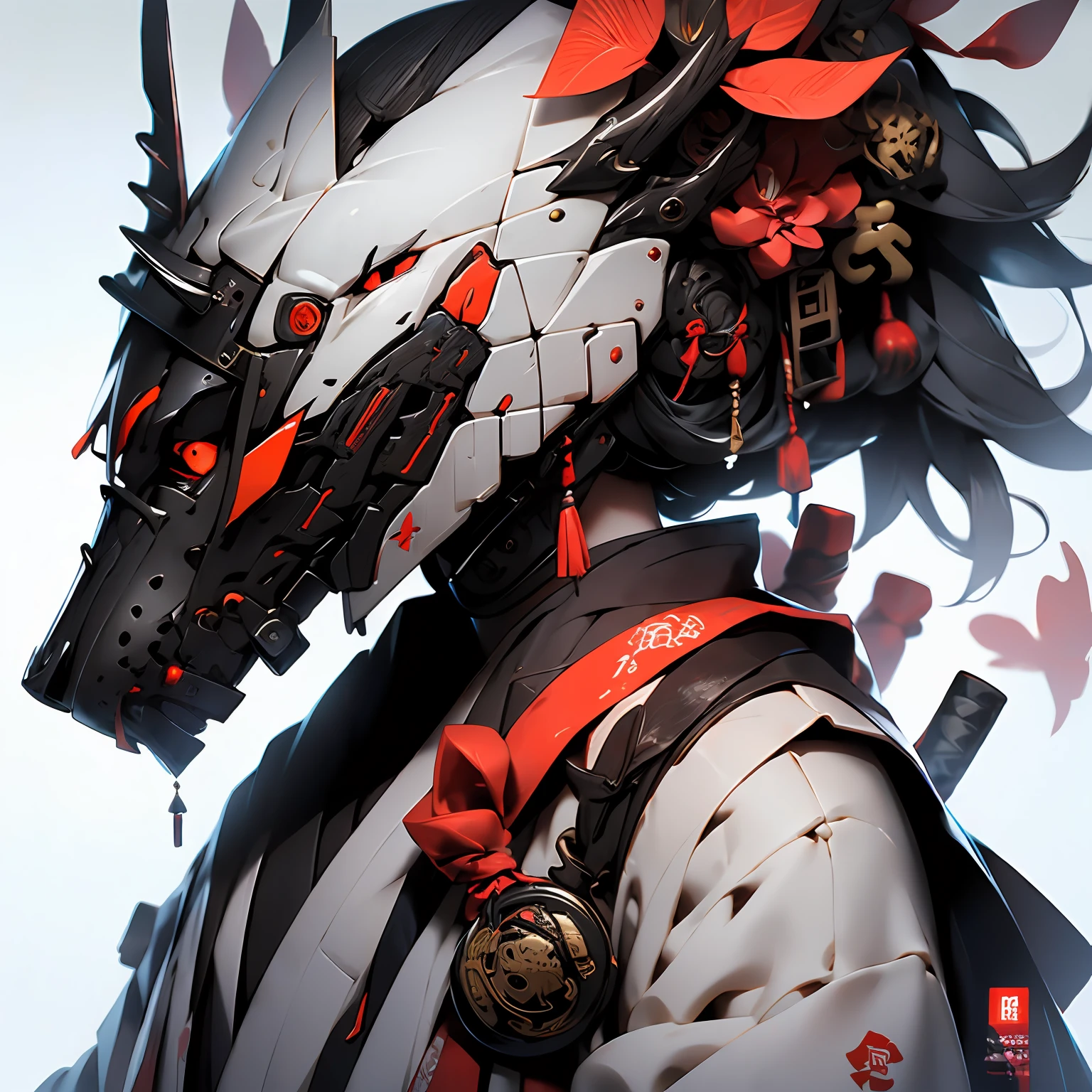 Create an AI illustration of a young girl with black short hair,shiny hair,colored inner hair,floating hair, red eyes, eyepatch, and headphones. She resembles a samurai, She wears Japanese armor and shrine maiden , showcasing her unique style. Please generate the illustration in the highest quality possible.face focus,a girl, head shot, oblique view view,facial profile, hyper detailed、intricate detailed