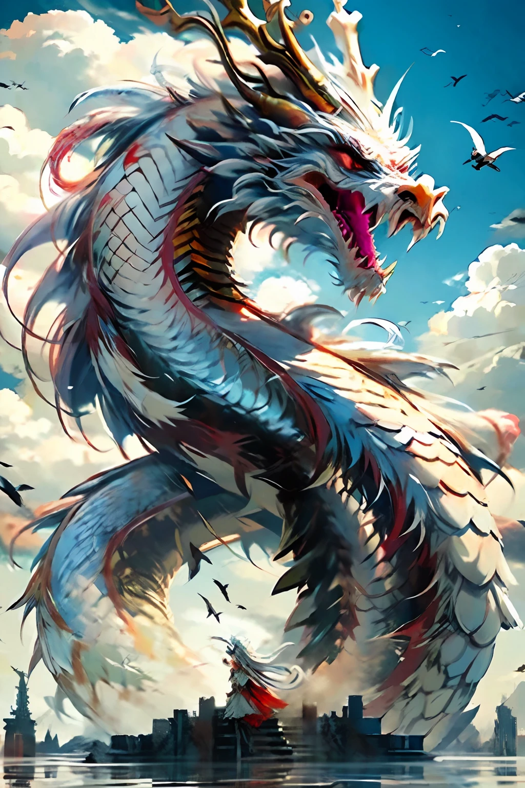 Best quality,masterpiece,ultra high res,nu no humans, (long:1.2),long hair, sharp teeth, red eyes, teeth, giant, 1girl, bird, outdoors, standing, scales, cloud, horns, from behind, armor, sky, open mouth, monster, size difference, white hair, building