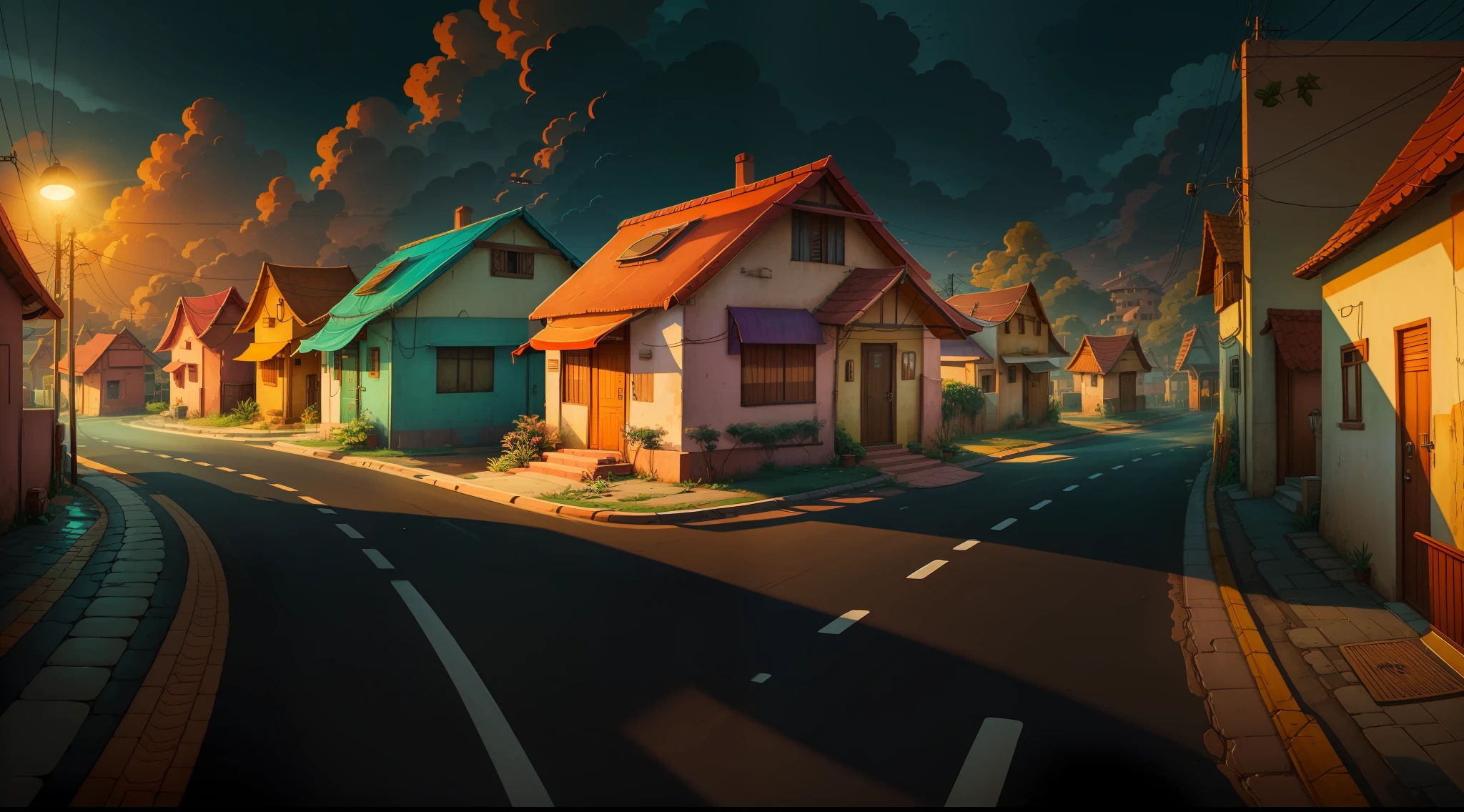 Give me a road cartoon background there are many house morning lighting , morning time , colony