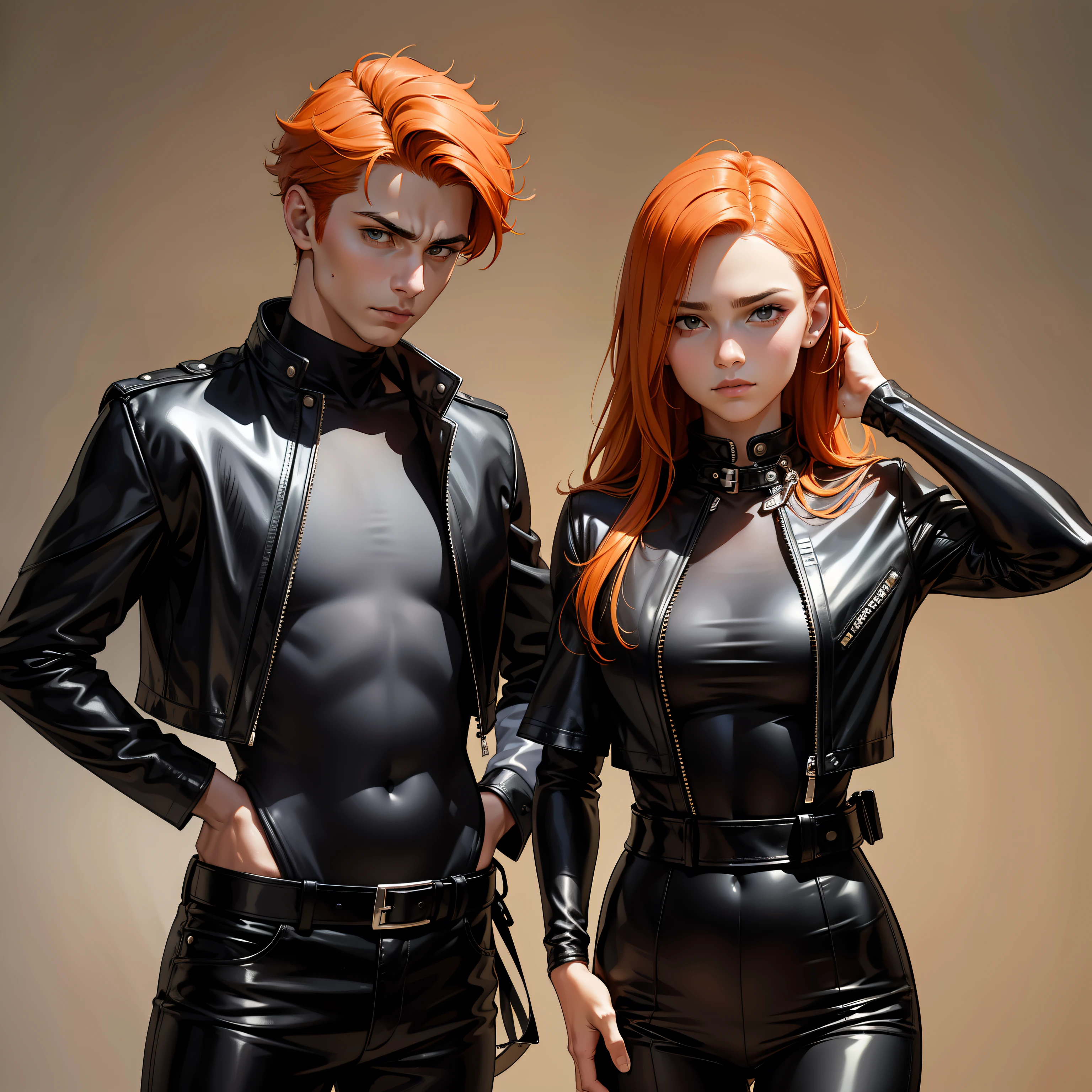 papa, Mom 14-year-old brothers pose serious for photo orange hair smart clothes black leather