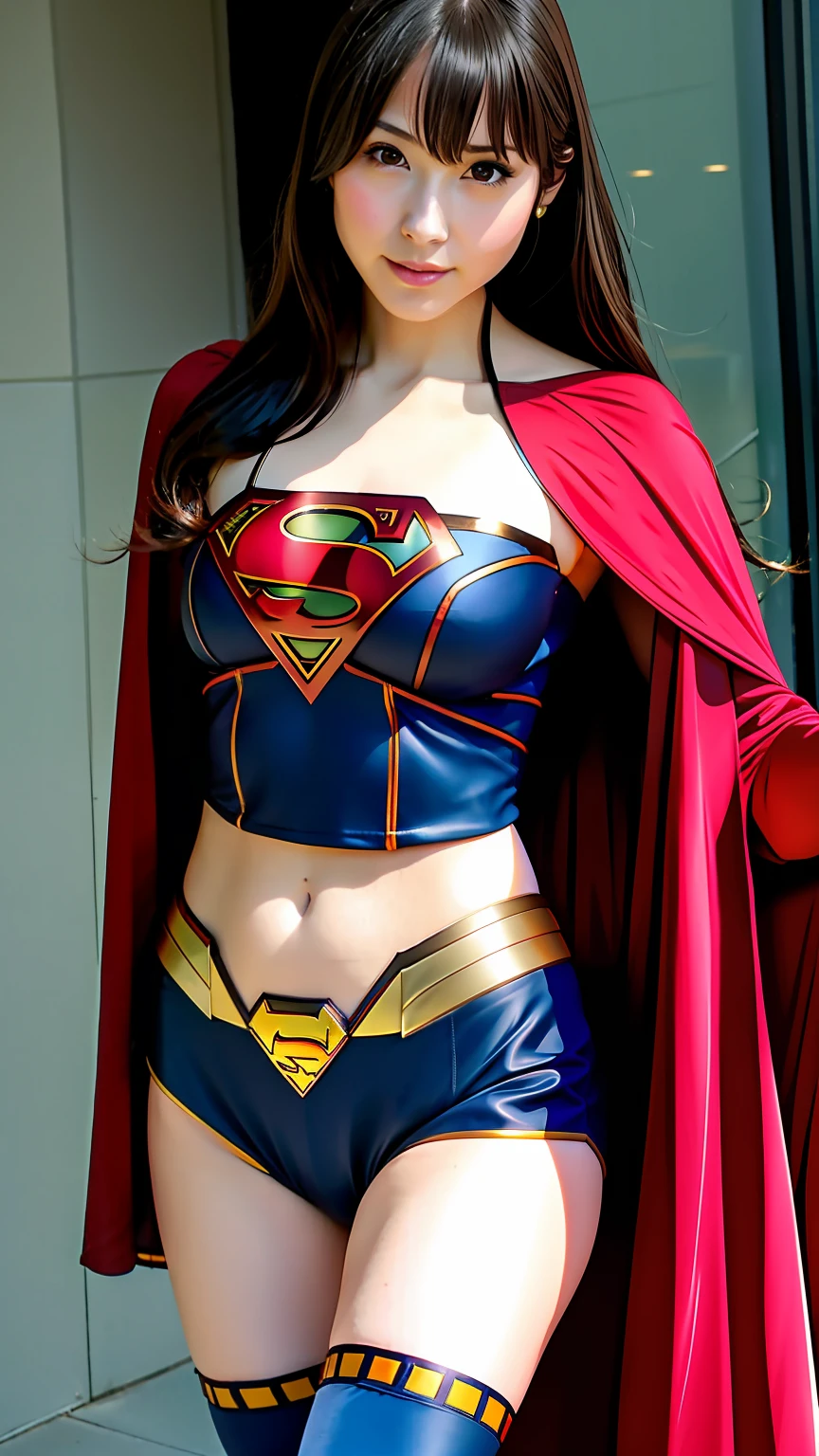 Beautiful ponytail、Beautuful Women、beautiful thigh、Beautiful belly button、Beautiful bronze hair、Japan 18 year old beautiful woman、Pinch and lift the hem of the skirt、Beautiful panties、I can see the white panties、Beautiful Kasumi Arimura、Woman in Superman costume on city street, super girl, Gal Gadot as Supergirl, amouranth as a super villain, Emma Watson as Supergirl, super-hero girl, superheroine costume, realistic cosplay, anime visual of supergirl, professional cosplay, full-cosplay, The ultra -The high-definition, Superhero body, up close shot, publicity cosplay