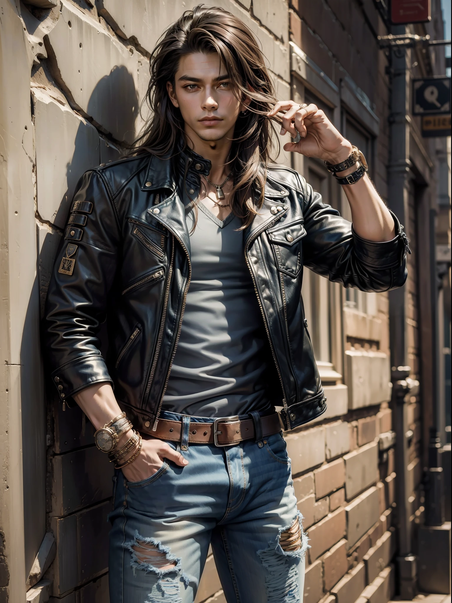 Masterpiece, intricate details, A handsome man, rocker leather jacket, denim pants, leather bracelet, wire necklaxe, Pose leaning against the wall, long hair