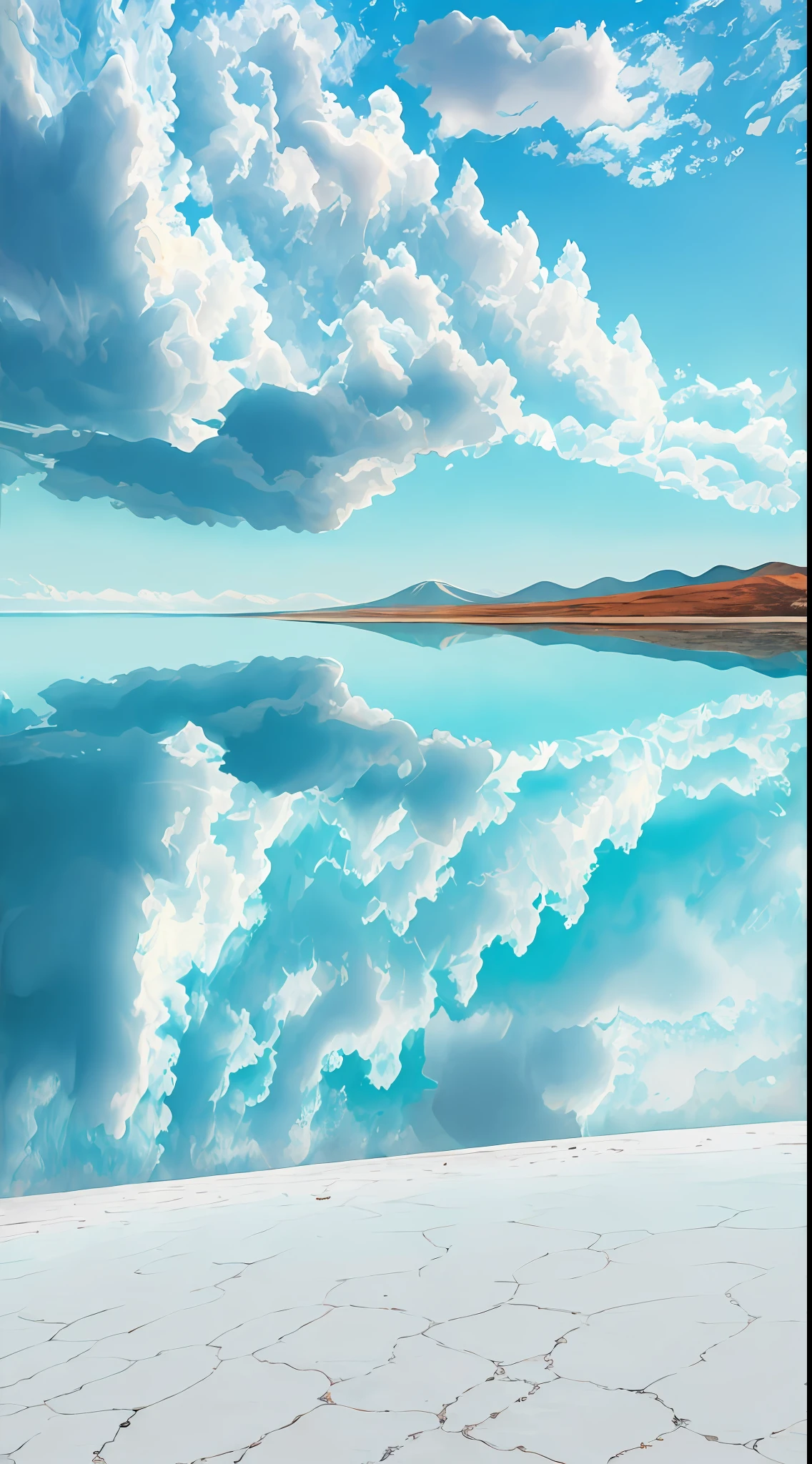 Blue sky and white clouds, sea and sky in one color, salt lake,The smooth surface of the lake was like a mirror, best quality, ultra-detailed, best shadow,8k,official art,