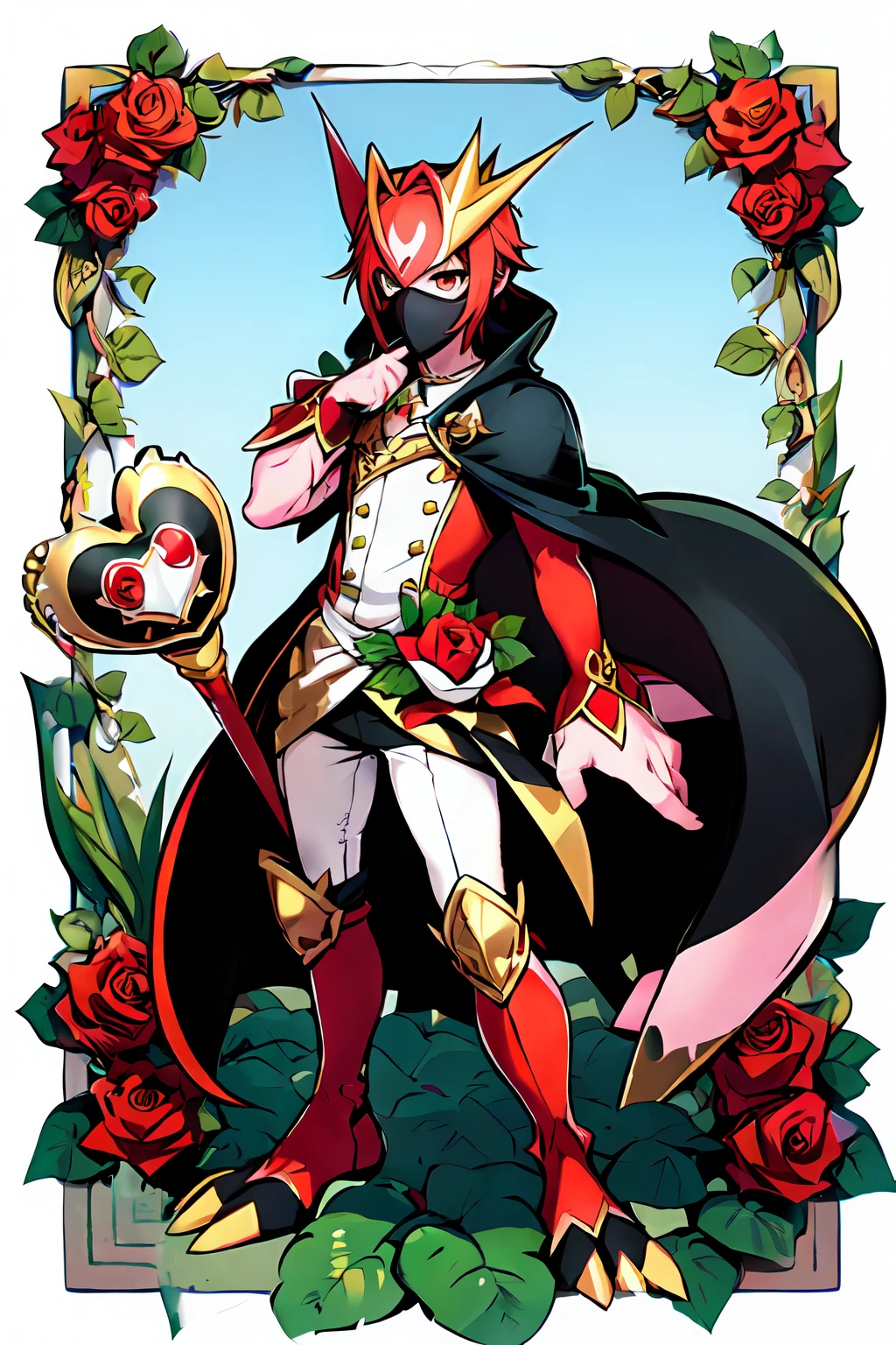 (masterpiece, best quality:1.2), solo, male focus, 1boy, ((riddle rosehearts as a Digimon)), angry, closed mouth,pout , looking at viewer, holding a scepter, mini crown, white shirt, cape, Pants ((white , black ,red and gold color scheme:1.4)),(( pink skin))((Rose themed)), ((Plant monster)), fairy ,digimon \(creature\),(( Rosemont inspired)),(( face covered by mask)),((heart Details))