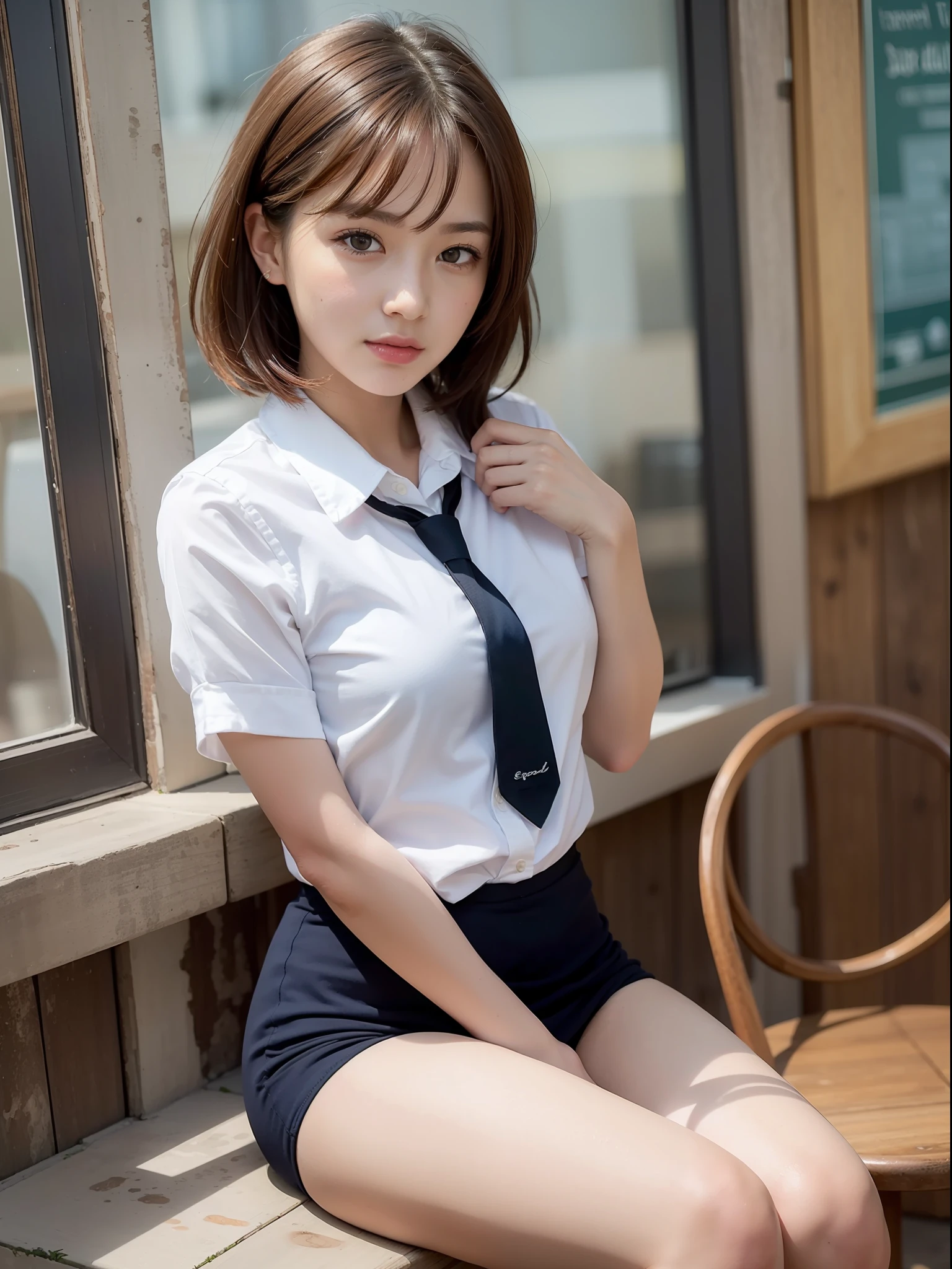 ((top quality, 8k, masterpiece: 1.3, raw photo)), Sharp Focus: 1.2, (1 aespa girl :1.2), (SOLO), (Realistic, Photorealistic: 1.37), (face focus: 1.1), cute face, ultra detailed face, small breasts, flat chest, brunette short messy hair, kindness, (sitting, school uniform, thighs:1.2), panties, cafe, sunlight, movie lighting