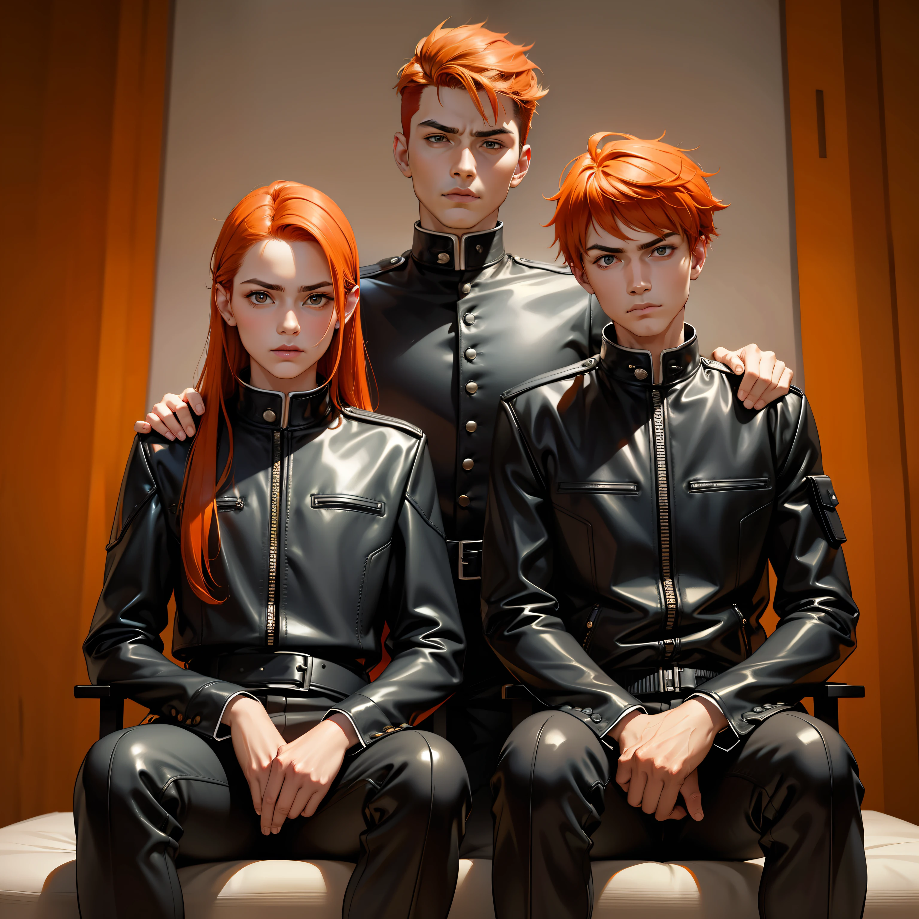 papa, Mom 14 year old brothers pose serious for photo orange hair elegant clothes black leather black