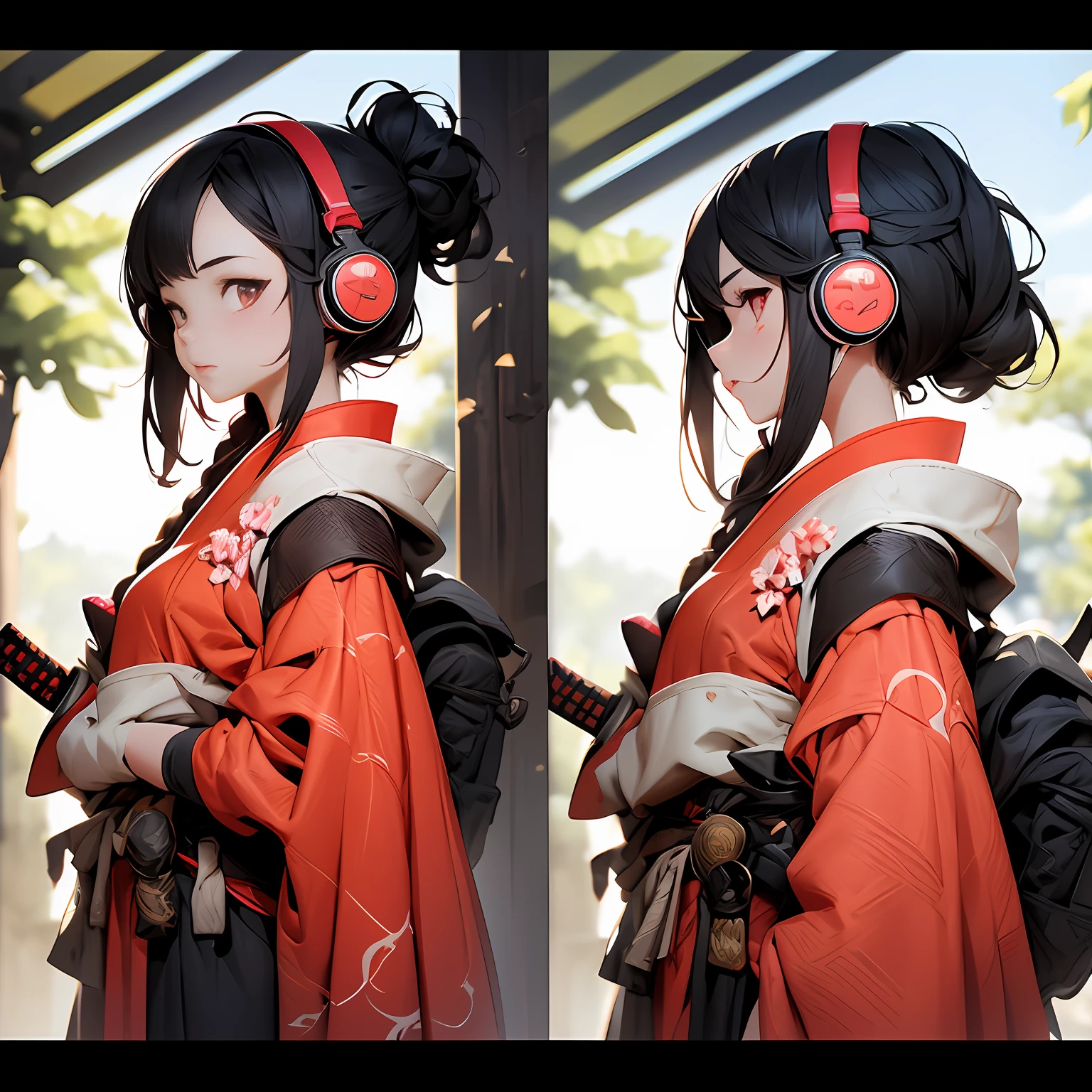 Create an AI illustration of a young girl with black short hair,shiny hair,colored inner hair,floating hair, red eyes, eyepatch, and headphones. She resembles a samurai, She wears Japanese armor and shrine maiden , showcasing her unique style. Please generate the illustration in the highest quality possible.face focus,a girl, head shot, oblique view view,facial profile, hyper detailed、intricate detailed