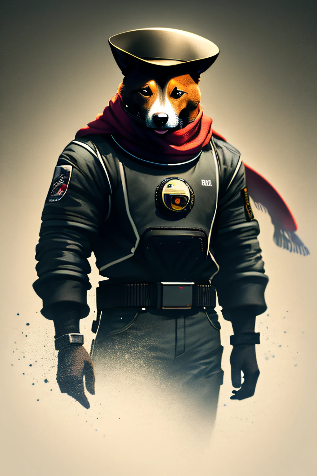 Picture of dog wearing hat and scarf,trends in art station,Dog in spacesuit,Ultra-realistic detailed rendering,Urban style,intimidating pose,Planet of dogs,fashionable attire,urbansamurai,Doggy