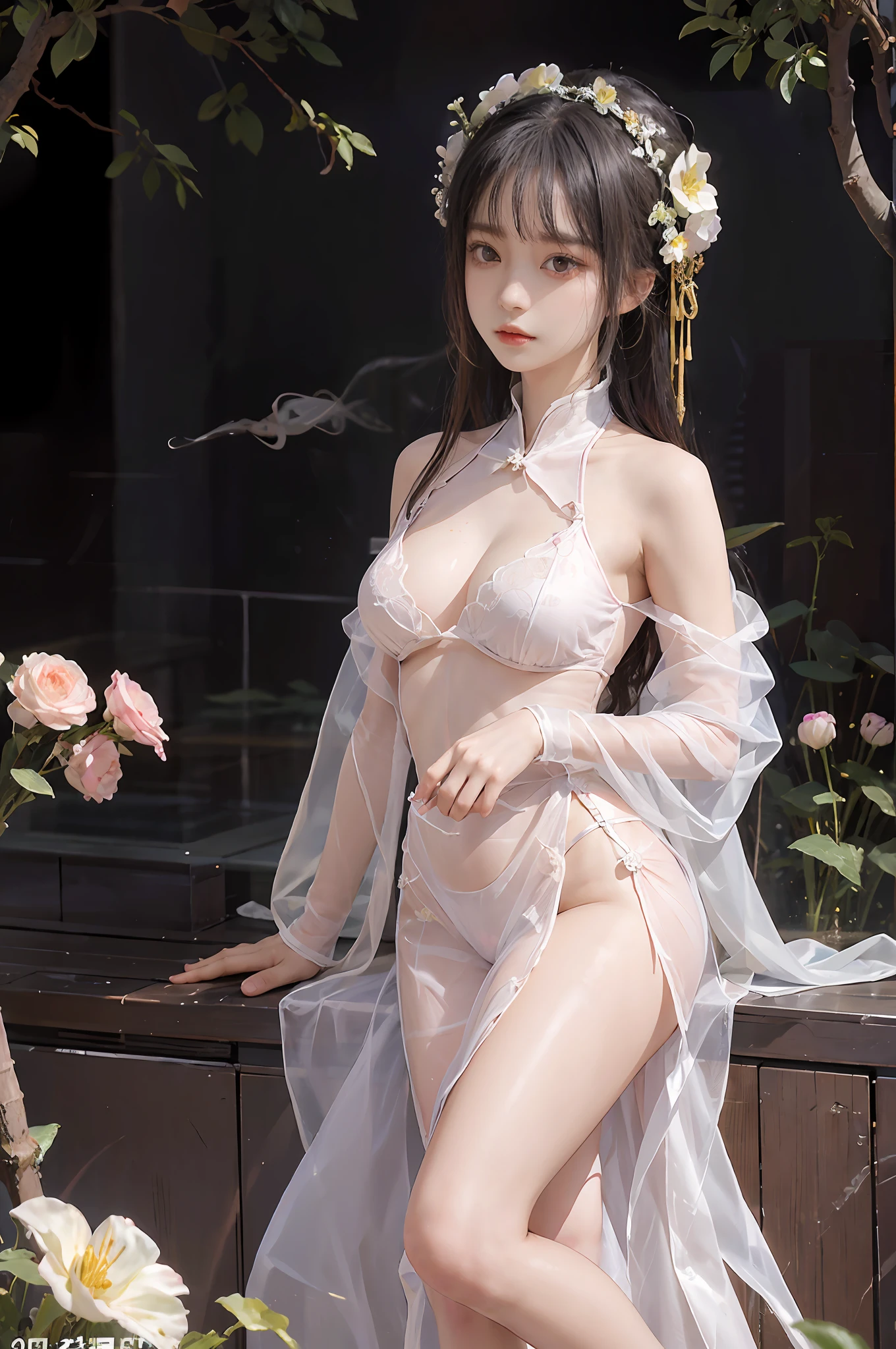 Zhong Fenghua, 1girll, (full bodyesbian) 独奏, Hanfu, flower field, blossom flower, (Skin color smoke:1.4) (realisticlying:1.5), datura, entangled, offcial art, Unity 8k壁纸, ultra - detailed, Beautiful and beautiful, tmasterpiece,best qualtiy, (dynamic angle:1.4), (Realistic:1.5),(Real human photos;1.5),(Bigboobs:1.2),(Liuhai hairstyle:1.5)(Shoulders exposed:1.2),Glowing skin, (Floating colorful flashes:1.2),The most beautiful classical form,(ellegance:1.2),Fauvistdesign,vivd colour,Romanticism Depth of Field,