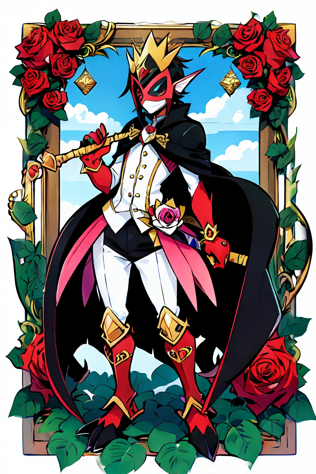 (masterpiece, best quality:1.2), solo, male focus, 1boy, ((riddle rosehearts as a Digimon)), angry, closed mouth,pout , looking at viewer, holding a scepter, mini crown, white shirt, cape, Pants ((white , black ,red and gold color scheme:1.4)),(( pink skin))((Rose themed)), ((Plant monster)), fairy ,digimon \(creature\),(( Rosemont inspired)),(( face covered by mask)),((heart Details))