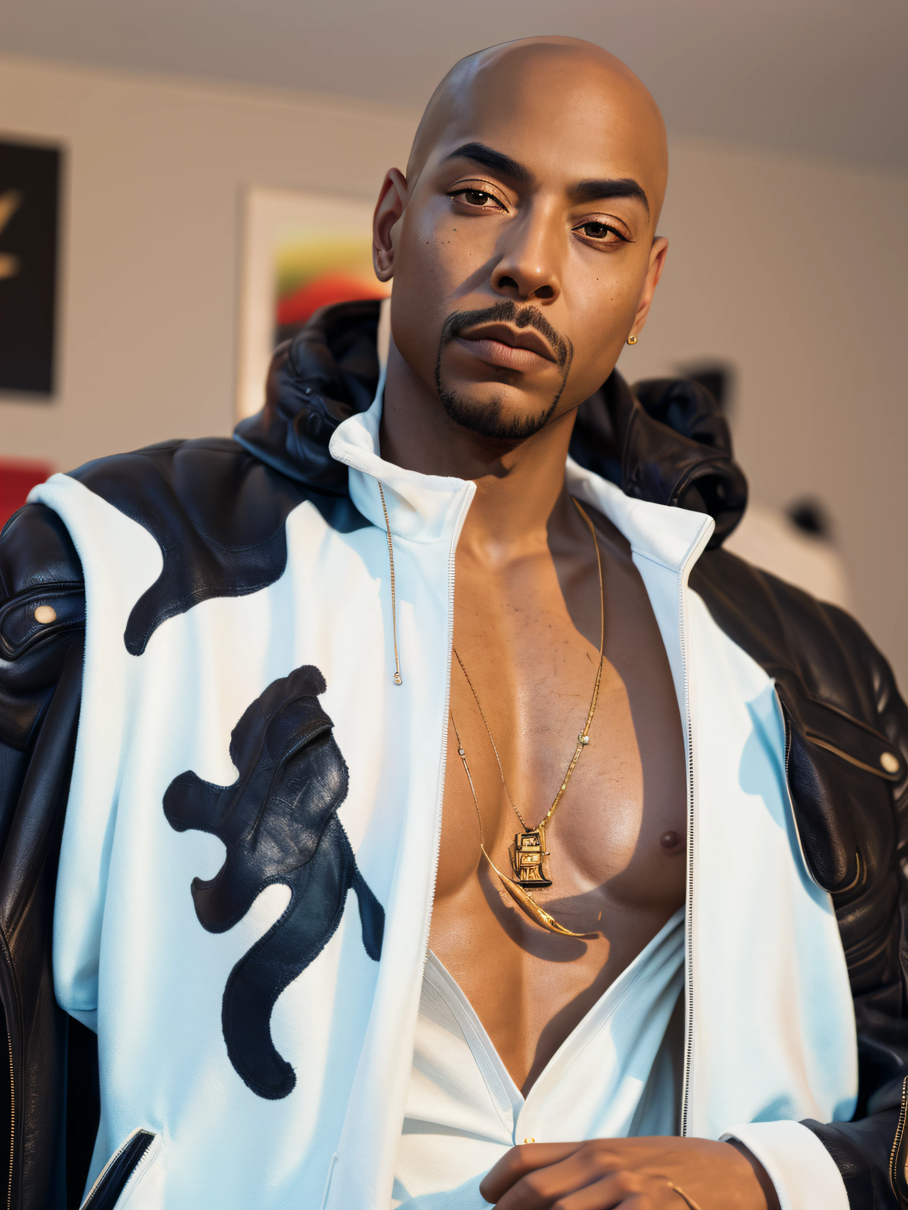 1rapper with Bald hair photo of (4nn4t4tu:0.99), a Man as a movie star, modelshoot style, (extremely detailed CG unity 8k wallpaper), photo of the most beautiful artwork in the world, professional majestic oil painting by Ed Blinkey, Atey Ghailan, Studio Ghibli, by Jeremy Mann, Greg Manchess, Antonio Moro, trending on ArtStation, trending on CGSociety, Intricate, High Detail, Sharp focus, dramatic, photorealistic painting art by midjourney and greg rutkowski, modern all-white clothing with black stripes(H R Gigger), fog, detailed and realistic image, amazing composition with vintage scenery with abstract shapes, abstract minimalist background with tentacles, melt, drip, yoshitomo nara:1.5, wes anderson:1.3, new casualism, retro, minimalism,BiopunkAI