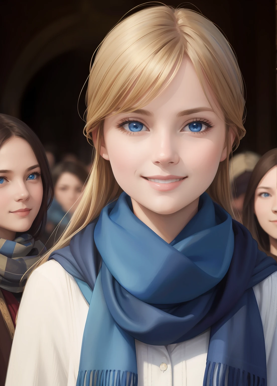 masterpiece, best quality, photorealistic, portrait of young women, smiling, blue eyes, with scarf, in front of crowd