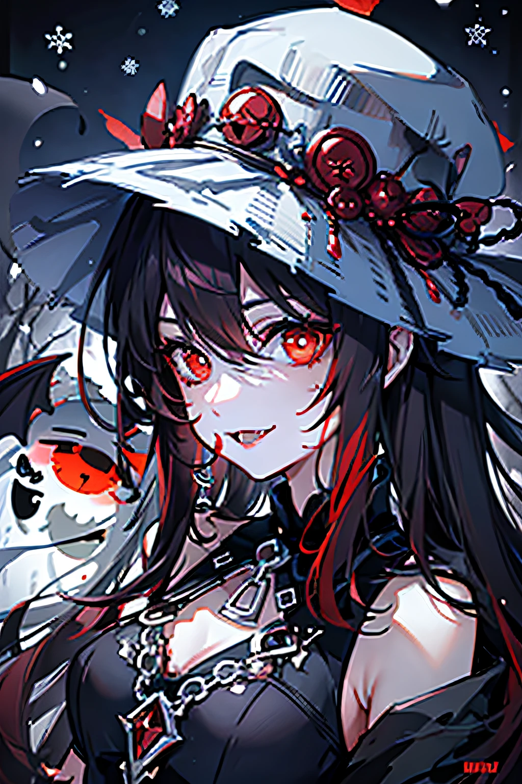 1girll, boo tao, blood sky, red eyes, natta, (Vampires), (The demons), unholy, unholy, Blood black hair, (red eyes), (Pale as snow), little breast, pervert smirk, long fangs, Long claws, Vampires, The demons, Devil's Eye, tmasterpiece, Arm bracelet, bangle, Hats, Vampire theme, Blood theme, Blood mouth, dentes pontiagudos