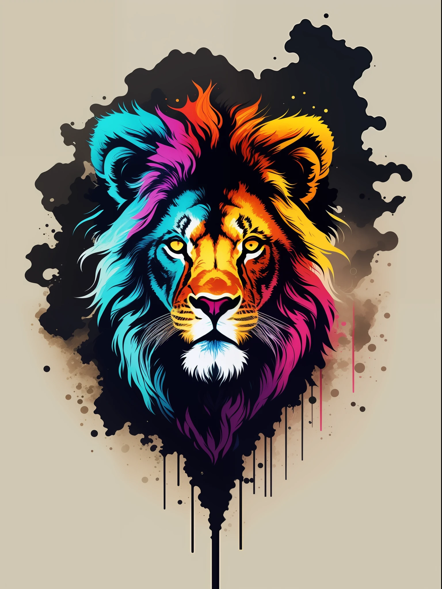 lion of judah, 2D t-shirt art, Cyberpunk, epic illustration, vector, 2d illustration, black background, very colorful, full gradient modern colors, Focused, front view