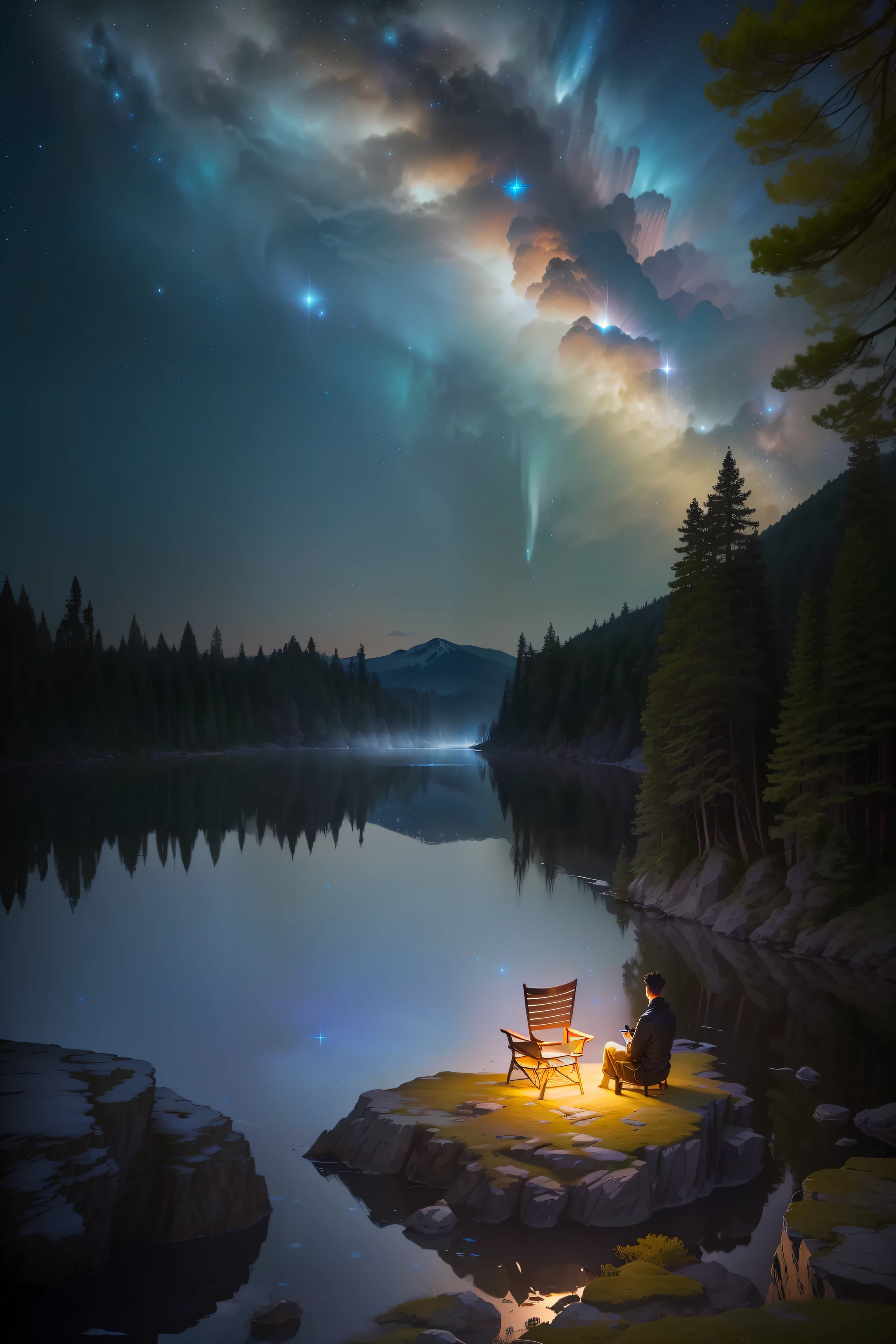 There is a small boat floating on the river,There was a man and a woman sitting on board,as thick as thieves,Picturesque。It is surrounded by rocks and dense forests,The view at night shows the charm of nature。The sky is shining with the light of the Milky Way,Create a mysterious environment in the galaxy。This 8K starry sky is painted by Miko Lagerstedt,The lake sparkles,Beautiful and spectacular galaxy shimmering in the background。The mist and the starry sky mingle,Create mysterious scenes。The night sky is brightly lit,Make the scenery even more charming。It is a beautiful and mysterious lake landscape。