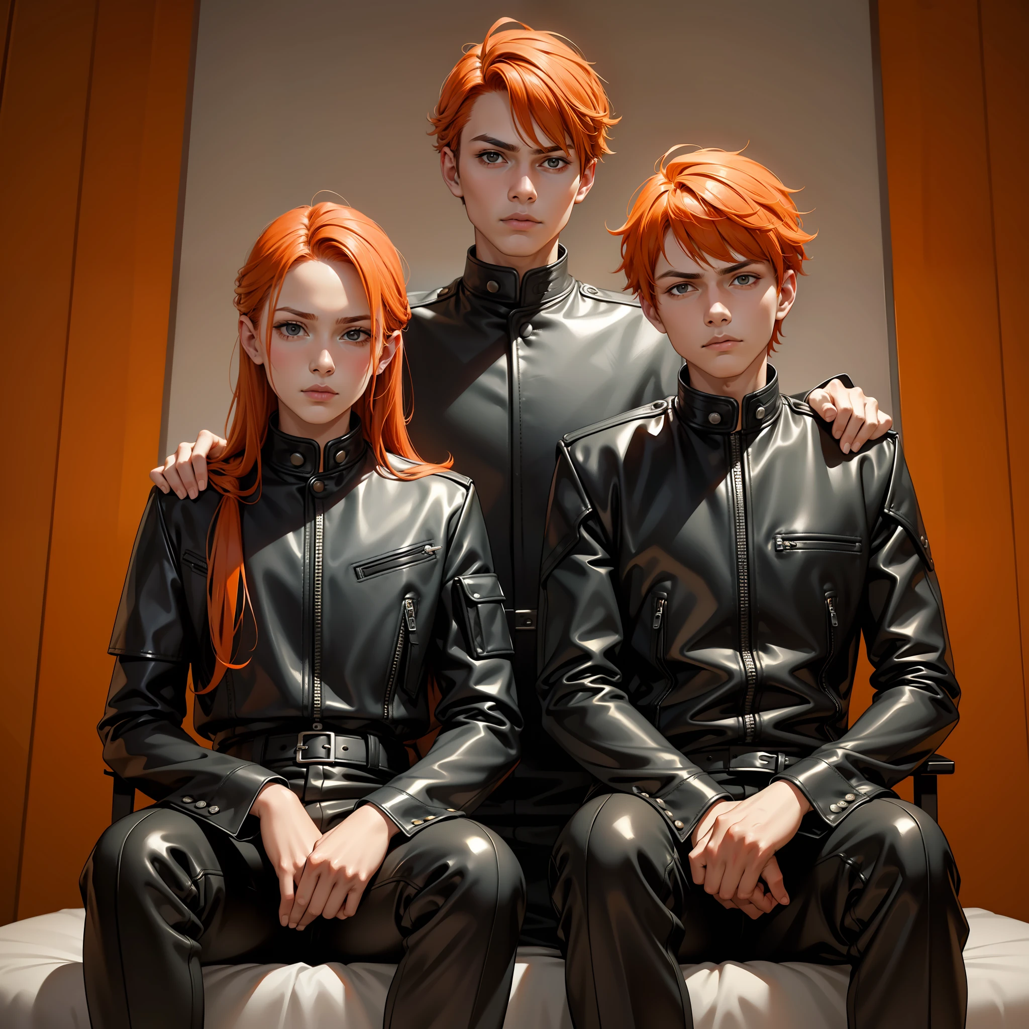 papa, Mom 14 year old brothers pose serious for photo orange hair elegant clothes black leather black