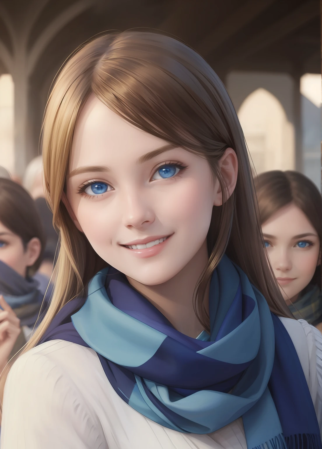 masterpiece, best quality, photorealistic, portrait of young women, smiling, blue eyes, with scarf, in front of crowd