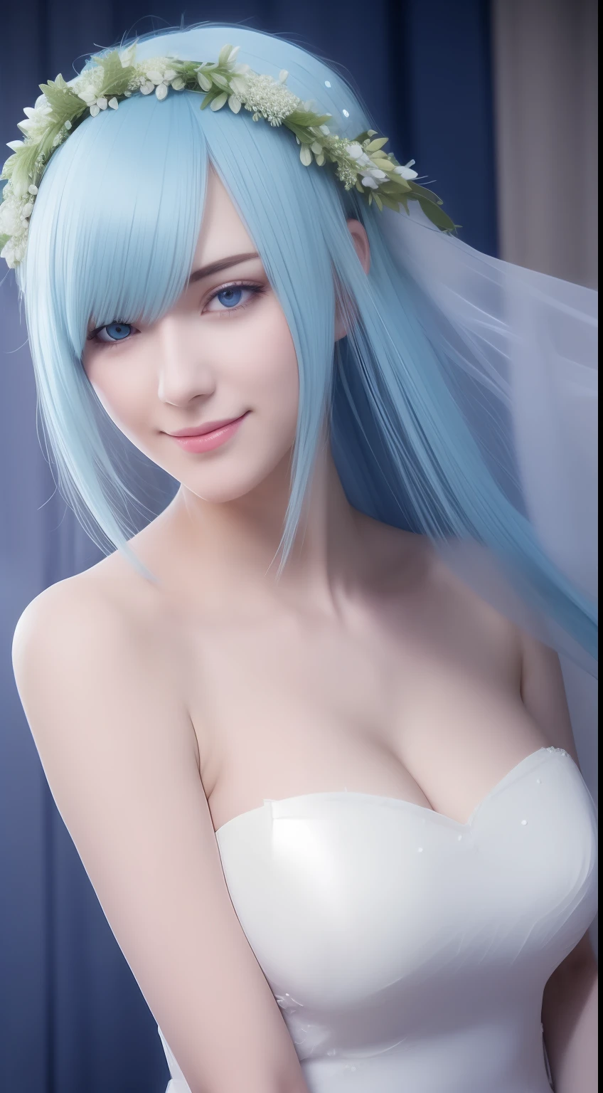 brynhildr lancer fgo,20-year old,bride,pure,dazzling smile,laurel wreath,white wedding dress,shyly pose, pretty round face,tall,very skinny,slender,light blue hair, cross-cut bangs strongly leans to the right,detailed hair