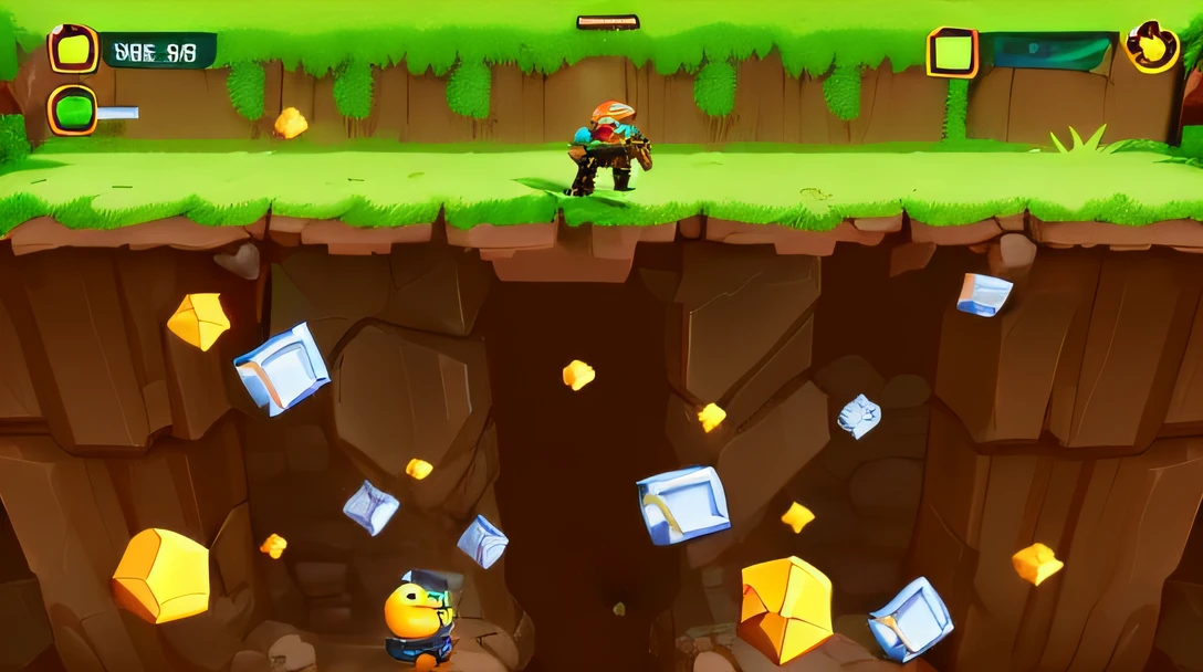 Screenshot of a cartoon game of a man and a dog, plataform 2 d game, 2d side scrolling game, pepe the miner, Mining, gameplay screenshot with ui, gameplay, 2 d game art, 2D game art, underground mine, plataform game, ingame image, videogame screenshot, side scroller game, 2 d platformer