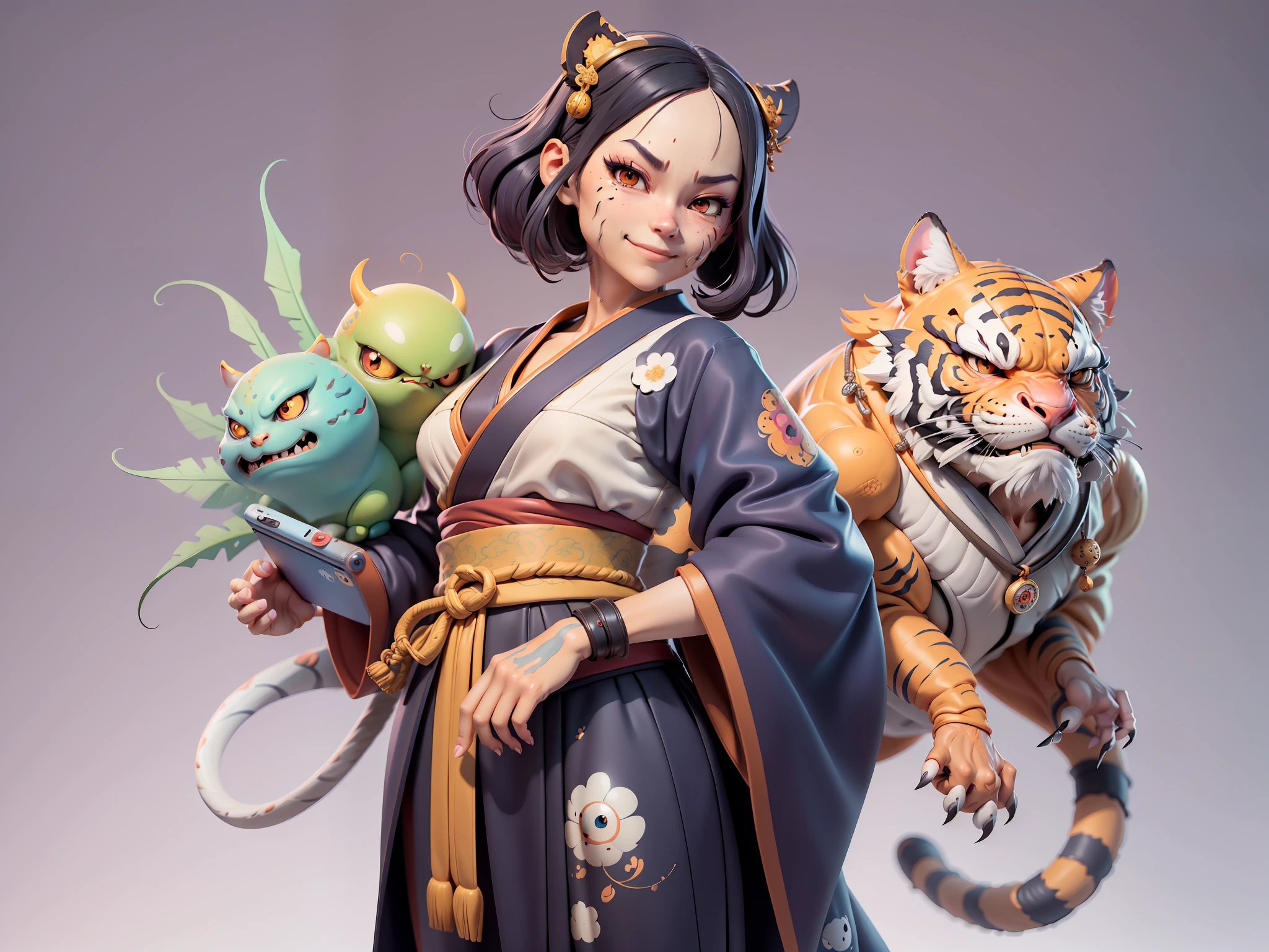 (Daisaku),(Need),(Super meticulous),(full bodyesbian:1.2),Japanese ukiyo-e girl,japanese geisha,Beautiful,Oriental dragon,one tiger,Aeolian Thor,Raised sexy,爆乳,Oriental face,TV Anchor,Bust portrait illustration,Alone,In black suit,a blue tie,The face is slightly chubby,The face was clean,without a beard,Black super short hair,Black eyes,Smile confidently,3C computer sub-products,iPad, iphone,Digital painting,3D character design by Mark Clairen and Pixar and Hayao Miyazaki and Akira Toriyama,The illustration is a high-definition illustration in 4K resolution,With very detailed facial features and cartoon-style visuals。