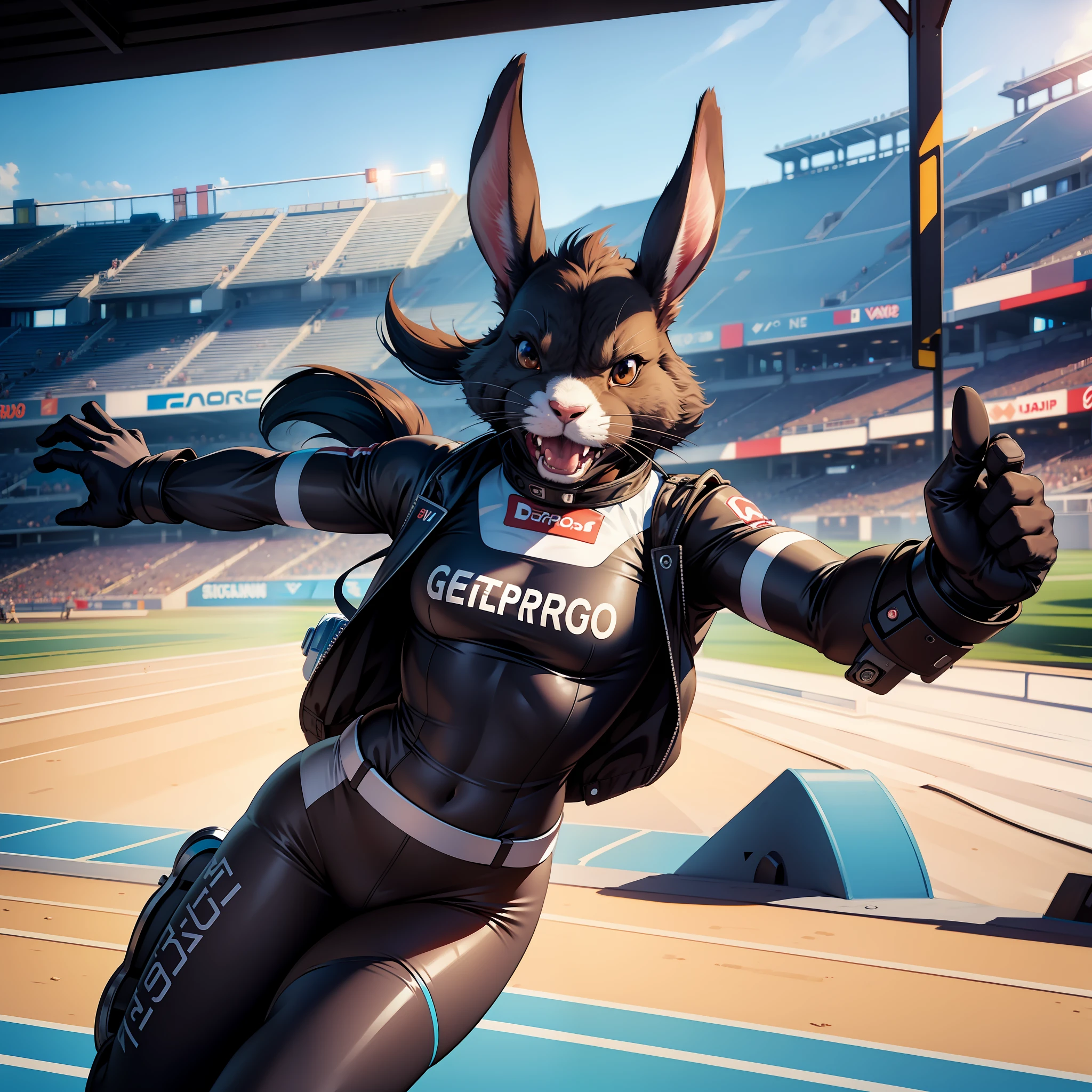 Gopro view,A highly anthropomorphic rabbits, racing，Inside stadium track，angry look，Open-mouthed,Disney style,8K,