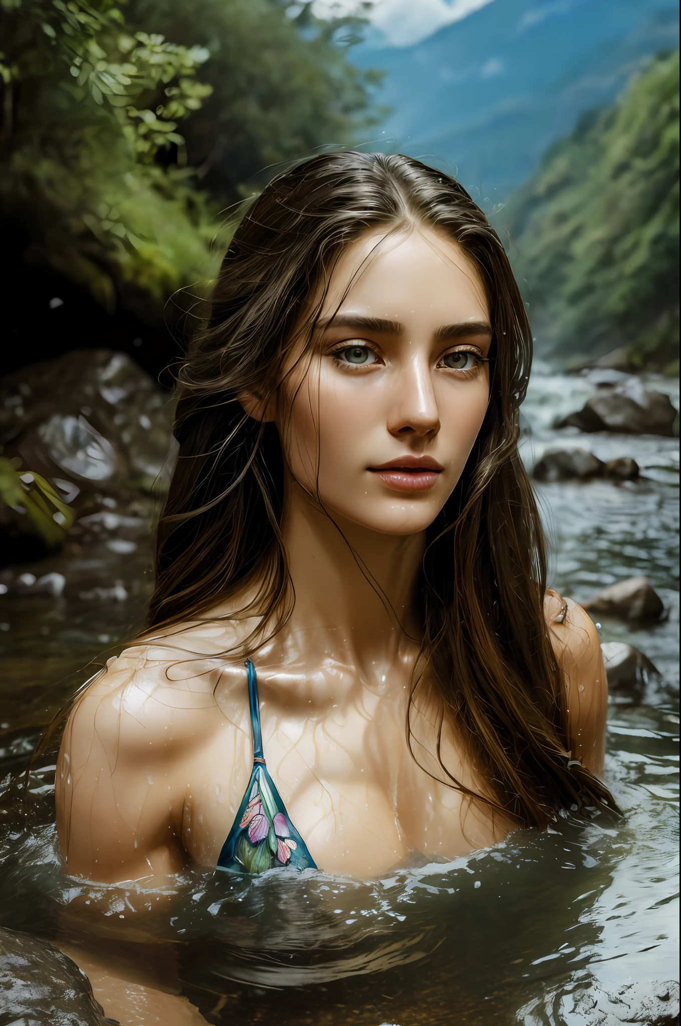 Masterpiece, incredible details, epic realistic, ultra clarity , (intricate details:1.12), (HDR:1.4), Fast-flowing waterfalls, mountains, rivers, fireflies, flowers, glowing butterflies, stone,stone lillar, tree, 1young woman, long hair, floating hair, sexy slingshot bikini, bathing, wet hair,wet skin, (Full body:1.5), (highly detailed face:1.4), (realistic face:1.5, natural skin texture:1.5, hyperrealism:1.5, soft light, sharp:1.2), sexypose, front view