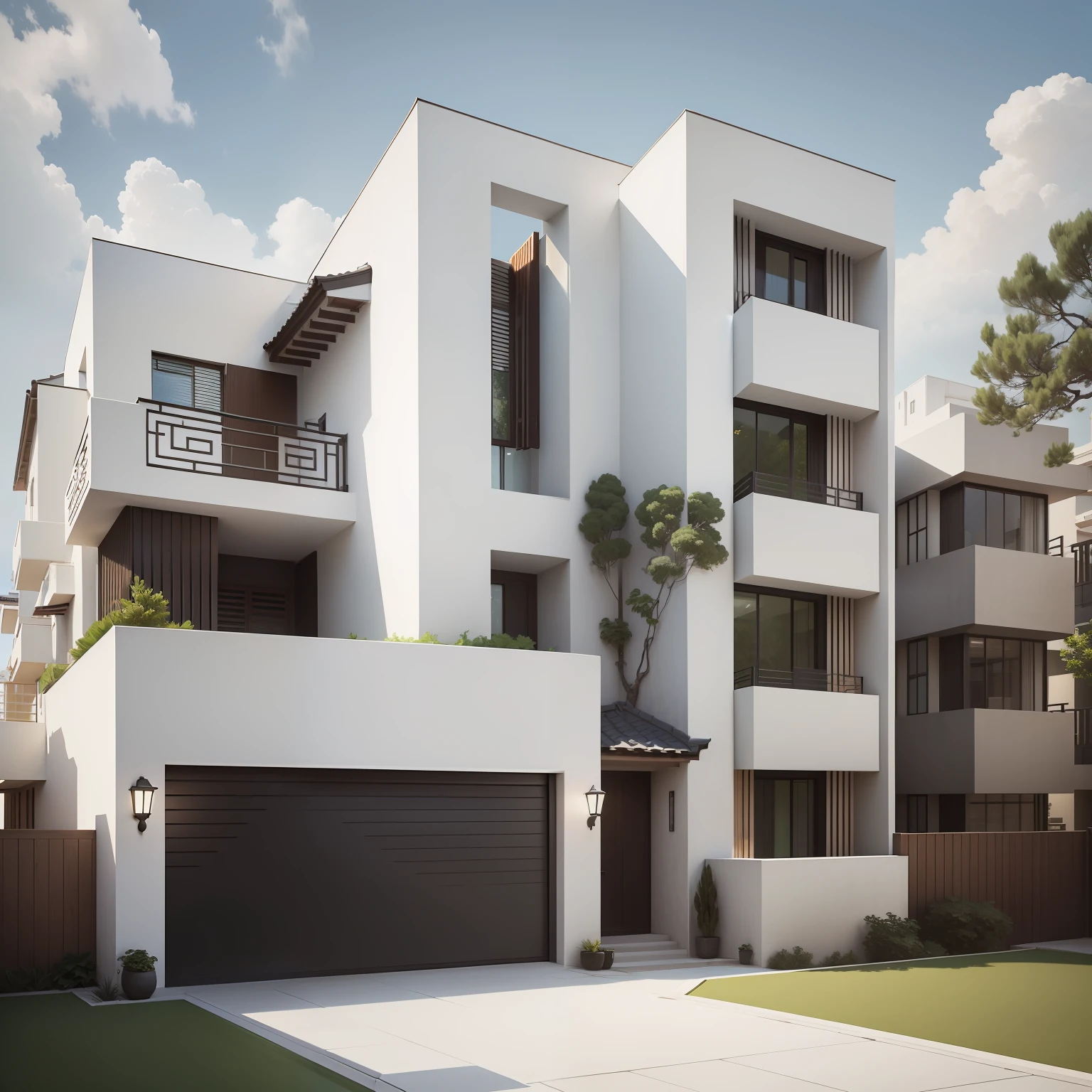 A 5-storey house,Overlooking the 5-storey house,The structure is uneven,Pitched roof The balcony is dark stone,Some concave white walls are different, Green tiles, modernsimplicity, Large floor-to-ceiling windows, Black Gate, Blue windows, White glass, Chinese style villa
