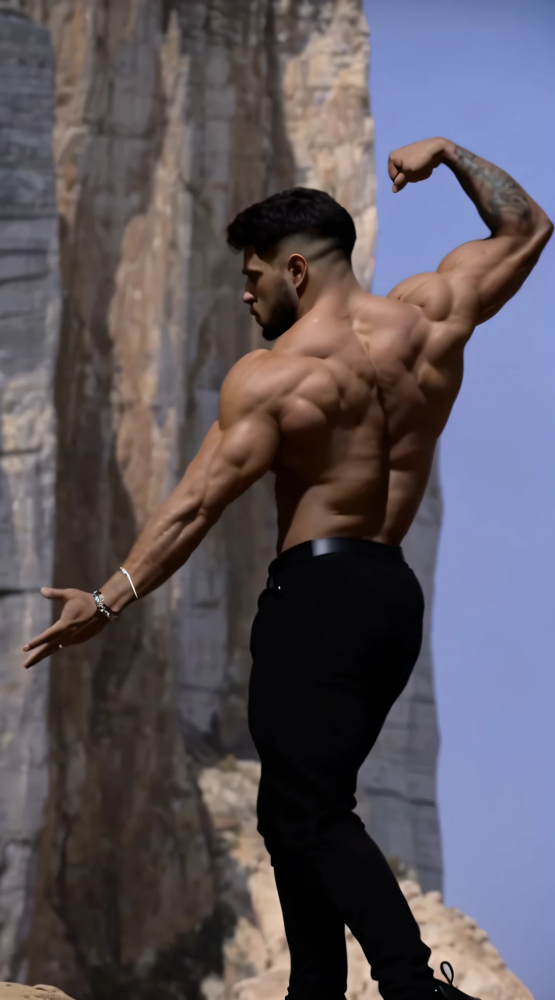 The Arafards stood on the rocks，arms out, musculature, his arms are behind his back, his arms spread. ready to fly, his arms spread, cinematic body shot, exaggerated muscle physique, exaggerated physique, chiseled muscles, strong pose, his back is turned, hulk like physique, big wide wide strong physique |, Shredded