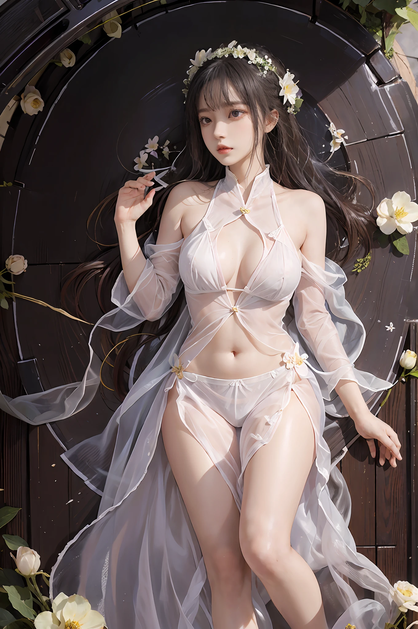 Zhong Fenghua, 1girll, (full bodyesbian) 独奏, Hanfu, flower field, blossom flower, (Skin color smoke:1.4) (realisticlying:1.5), datura, entangled, offcial art, Unity 8k壁纸, ultra - detailed, Beautiful and beautiful, tmasterpiece,best qualtiy, (dynamic angle:1.4), (Realistic:1.5),(Real human photos;1.5),(Bigboobs:1.2),(Liuhai hairstyle:1.5)(Shoulders exposed:1.2),Glowing skin, (Floating colorful flashes:1.2),The most beautiful classical form,(ellegance:1.2),Fauvistdesign,vivd colour,Romanticism Depth of Field,