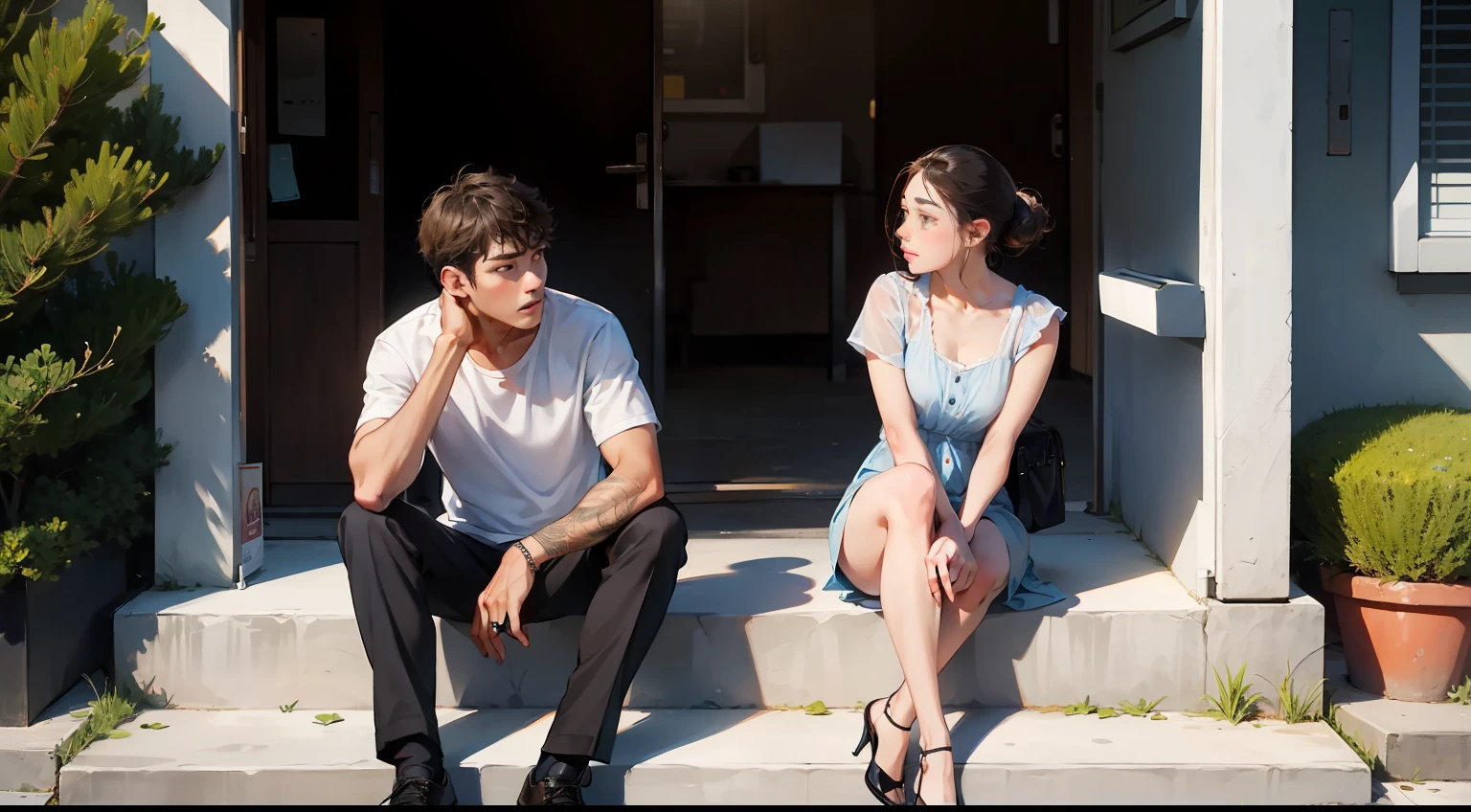a young man and a woman,Roadside,sitting on a curb,to talk