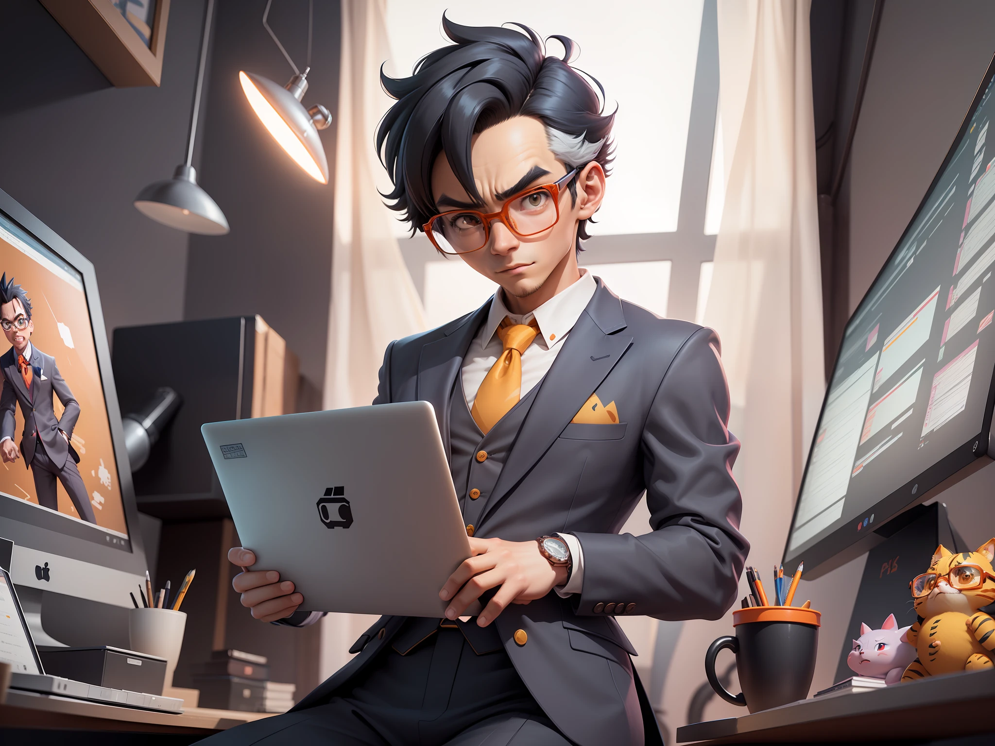 A young man in a suit, Short hair and glasses sat at his desk，holding laptop，digitial painting，tigre，3D character design by Mark Clairen and Pixar and Hayao Miyazaki and Akira Toriyama，4K HD illustration，Very detailed facial features and cartoon-style visuals。