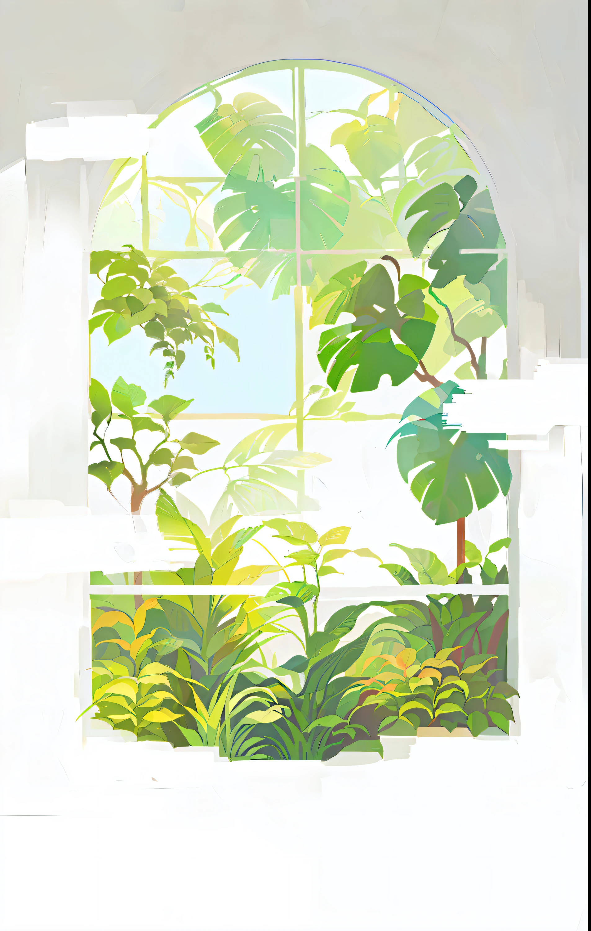 The windows offer views of the tropical garden, plants and jungle, dreamlike illustration, verdant plants, a paper cutout garden, floral environment, Nature outside, plants everywhere, window, window open, looking out, Poster illustration, full page illustration, with a garden, 2d matte illustration, Watercolor illustration style, airy landscape, environment design illustration, green jungle