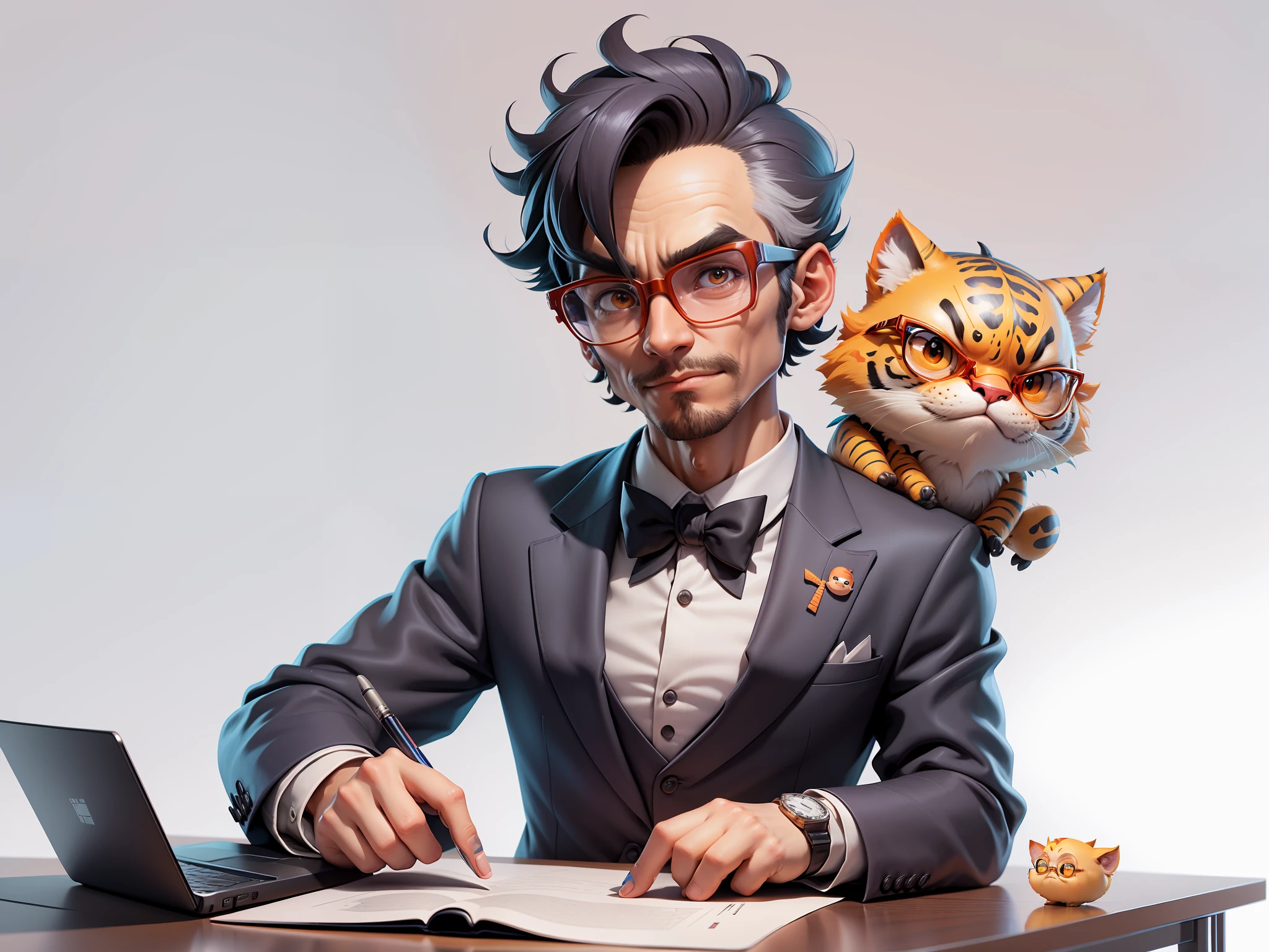 A young man in a suit, Short hair and glasses sat at his desk,holding laptop,digitial painting,tigre,3D character design by Mark Clairen and Pixar and Hayao Miyazaki and Akira Toriyama,4K HD illustration,Very detailed facial features and cartoon-style visuals。