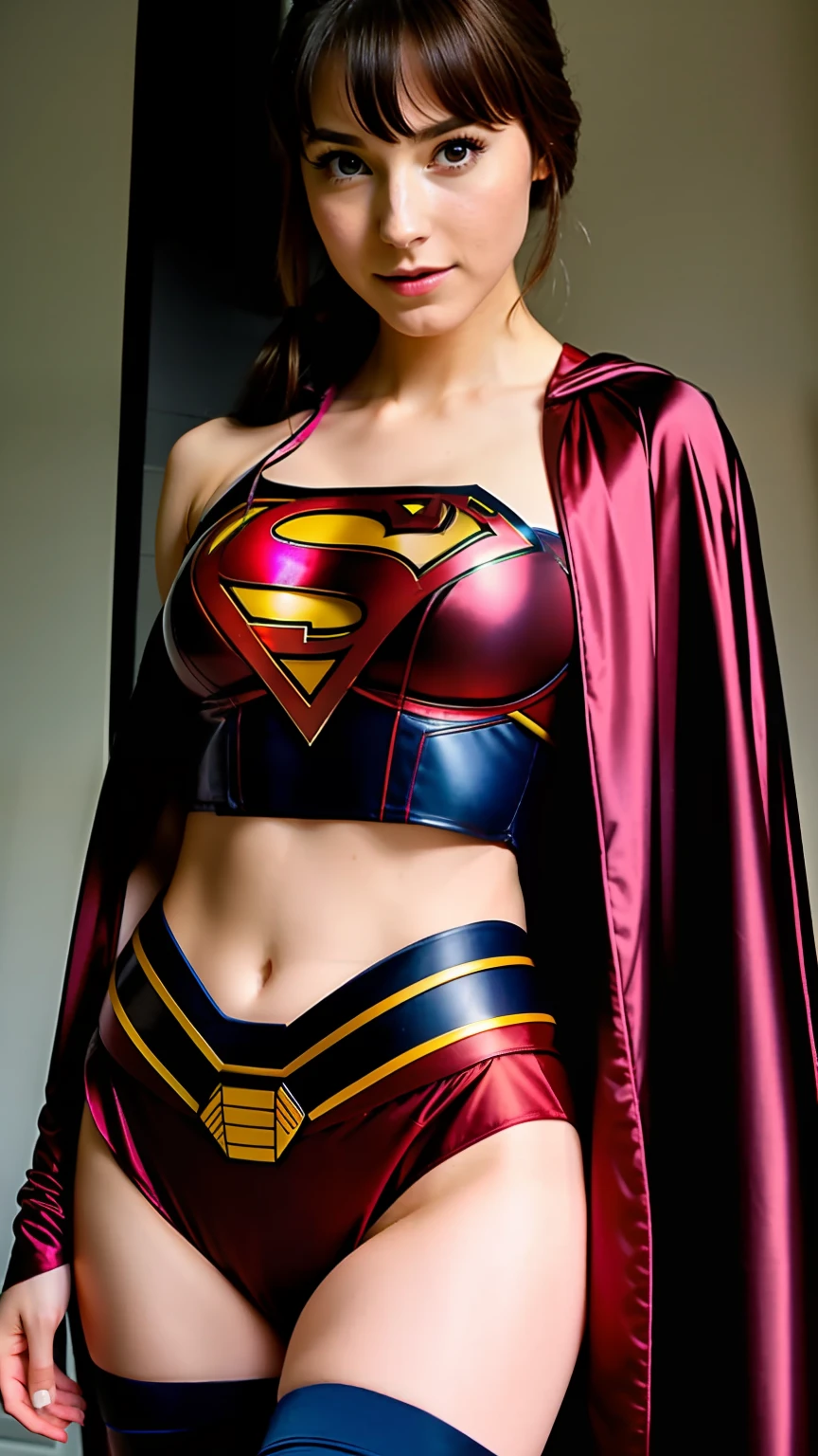 Beautiful ponytail、Beautuful Women、beautiful thigh、Beautiful belly button、Beautiful bronze hair、Japan 18 year old beautiful woman、Pinch and lift the hem of the skirt、Beautiful panties、I can see the white panties、Beautiful Kasumi Arimura、Woman in Superman costume on city street, super girl, Gal Gadot as Supergirl, amouranth as a super villain, Emma Watson as Supergirl, super-hero girl, superheroine costume, realistic cosplay, anime visual of supergirl, professional cosplay, full-cosplay, The ultra -The high-definition, Superhero body, up close shot, publicity cosplay