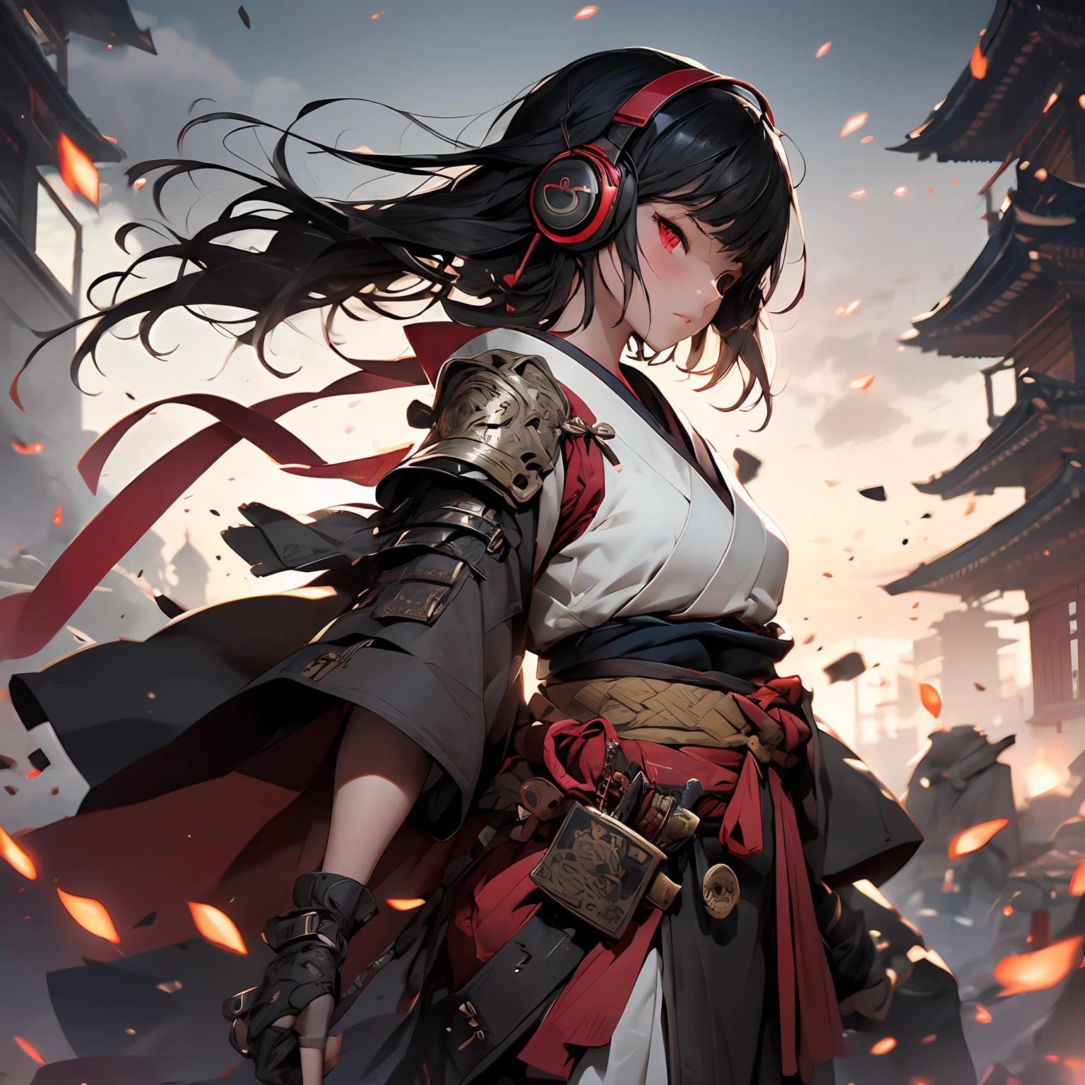 Create an AI illustration of a young girl with black short hair,shiny hair,colored inner hair,floating hair, red eyes, eyepatch, and headphones. She resembles a samurai, She wears Japanese armor and shrine maiden , showcasing her unique style. Please generate the illustration in the highest quality possible.face focus,a girl, head shot, oblique view view,facial profile, hyper detailed、intricate detailed