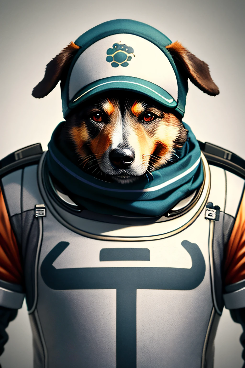 Picture of dog wearing hat and scarf,trends in art station,Dog in spacesuit,Ultra-realistic detailed rendering,Urban style,intimidating pose,Planet of dogs,fashionable attire,urbansamurai,Doggy