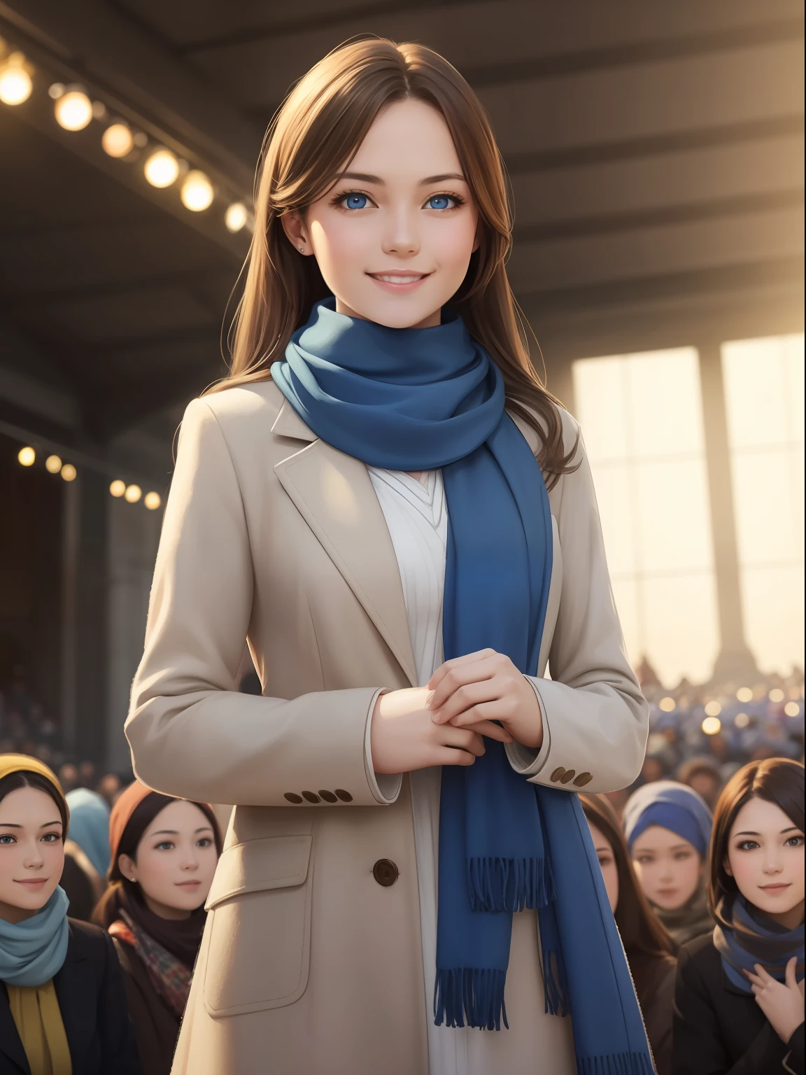 masterpiece, best quality, photorealistic, portrait of young women, smiling, blue eyes, with scarf, in front of crowd