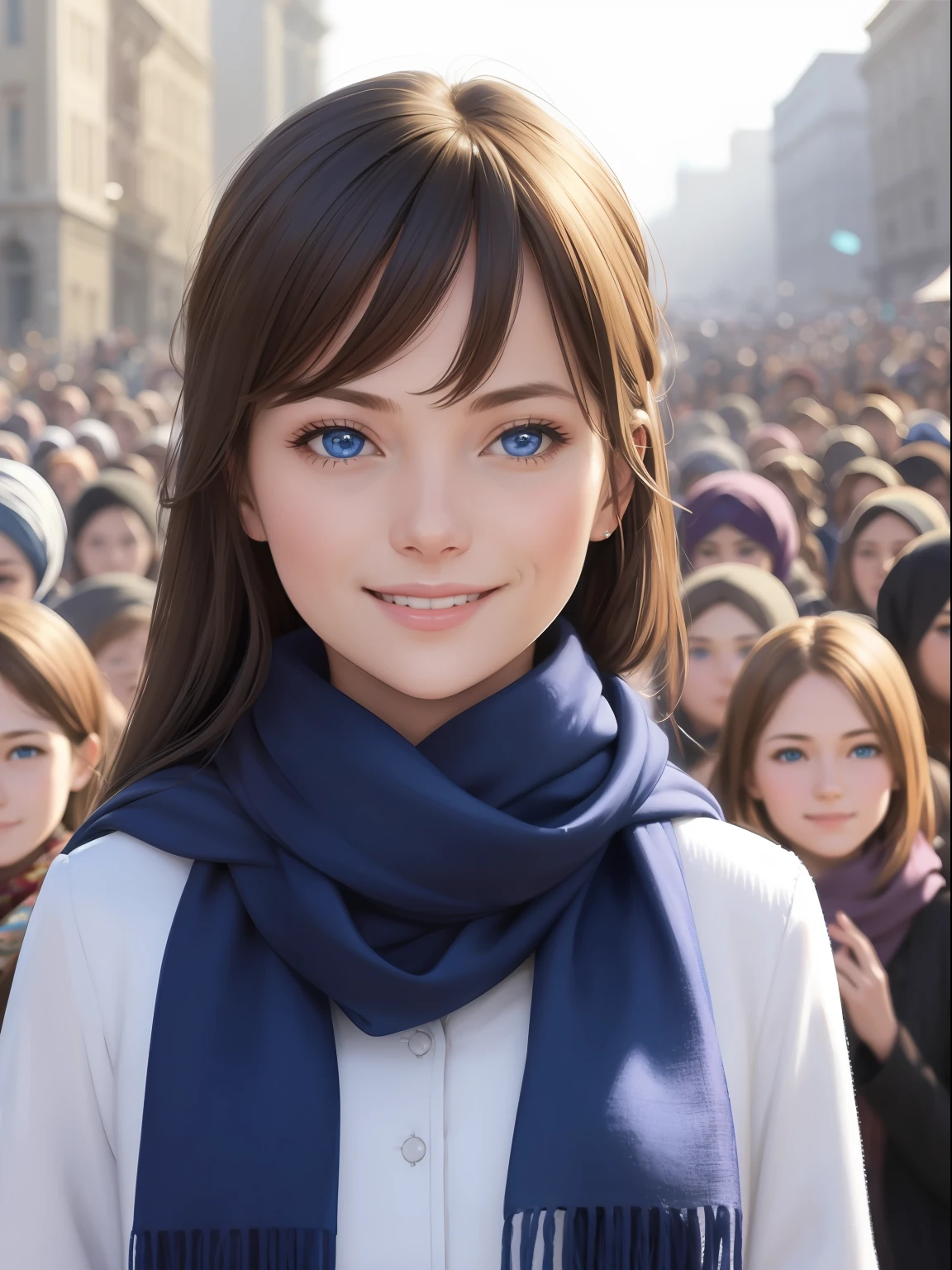 masterpiece, best quality, photorealistic, portrait of young women, smiling, blue eyes, with scarf, in front of crowd