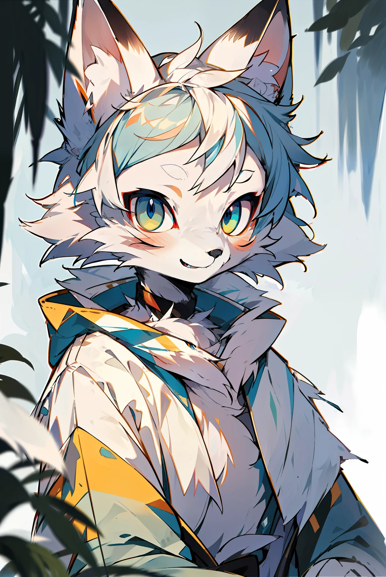 lighting perfect,light particules,(best qualtiy),(tmasterpiece),(ultra - detailed),Sharp focus,light particules,arctic fox,white colors,White fox,White fur,niji,eyesgod,blue_eyes,looking_at_viewer,smile,solo,furry,animal_ear_fluff,open_clothes,gold choker,