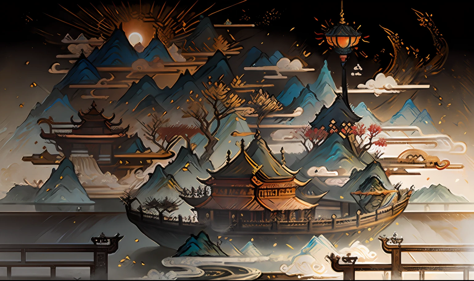 An ancient Chinese painting, ancient Chinese background, mountains, rivers, auspicious clouds, pavilions, sunshine, masterpieces, super detail, epic composition, ultra HD, high quality, extremely detailed, official art, unified 8k wallpaper, Super detail, 32k -- v 6