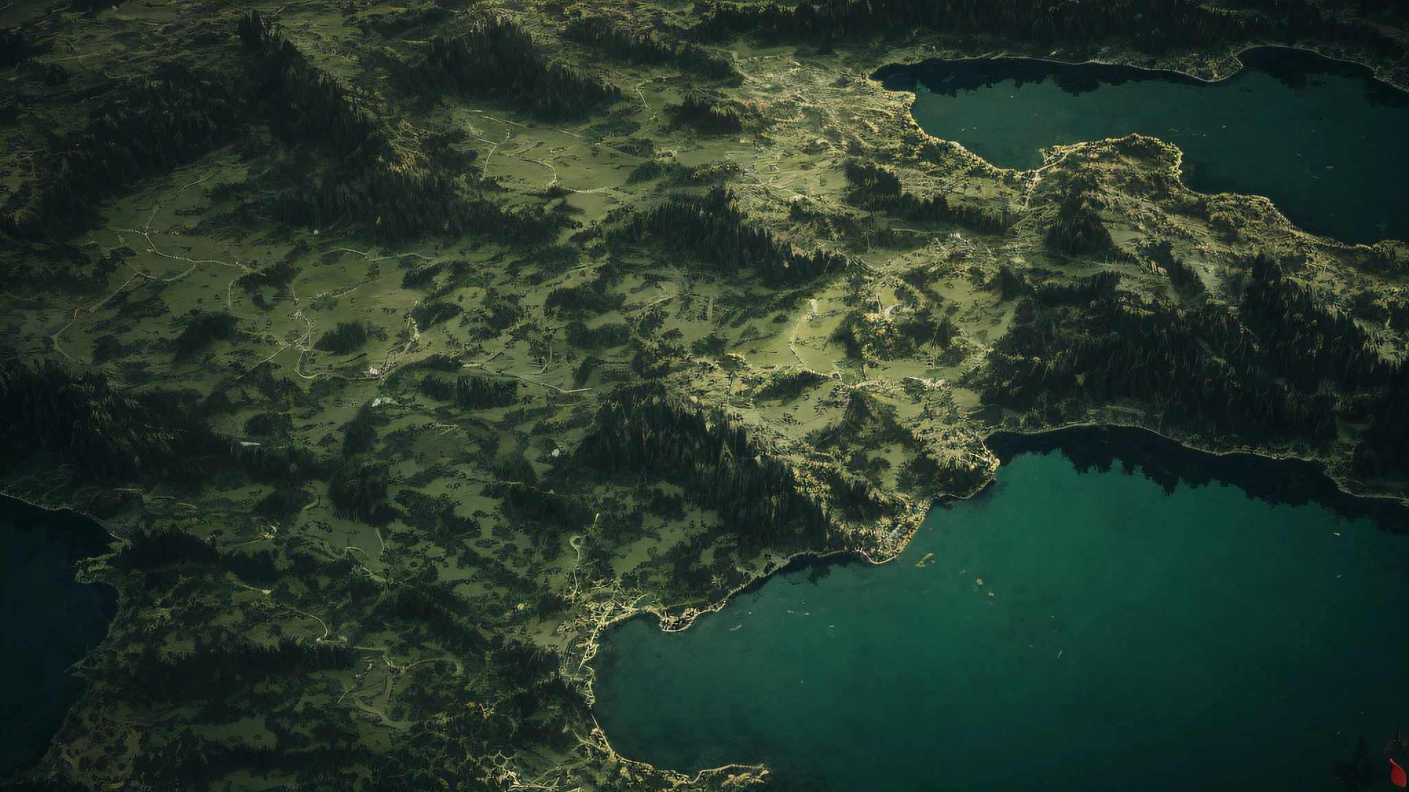 Aerial view of Araf,Bright mountains, lakes, ln the forest, beautiful landscape rendering, Detailed landscape, aerial view of an ancient land, highly detailed textured 8 k, quixel megascans, highly detailed textured 8k, game map matte painting, Aerial view of movie stills 800T 18mm, 8 k landscape render